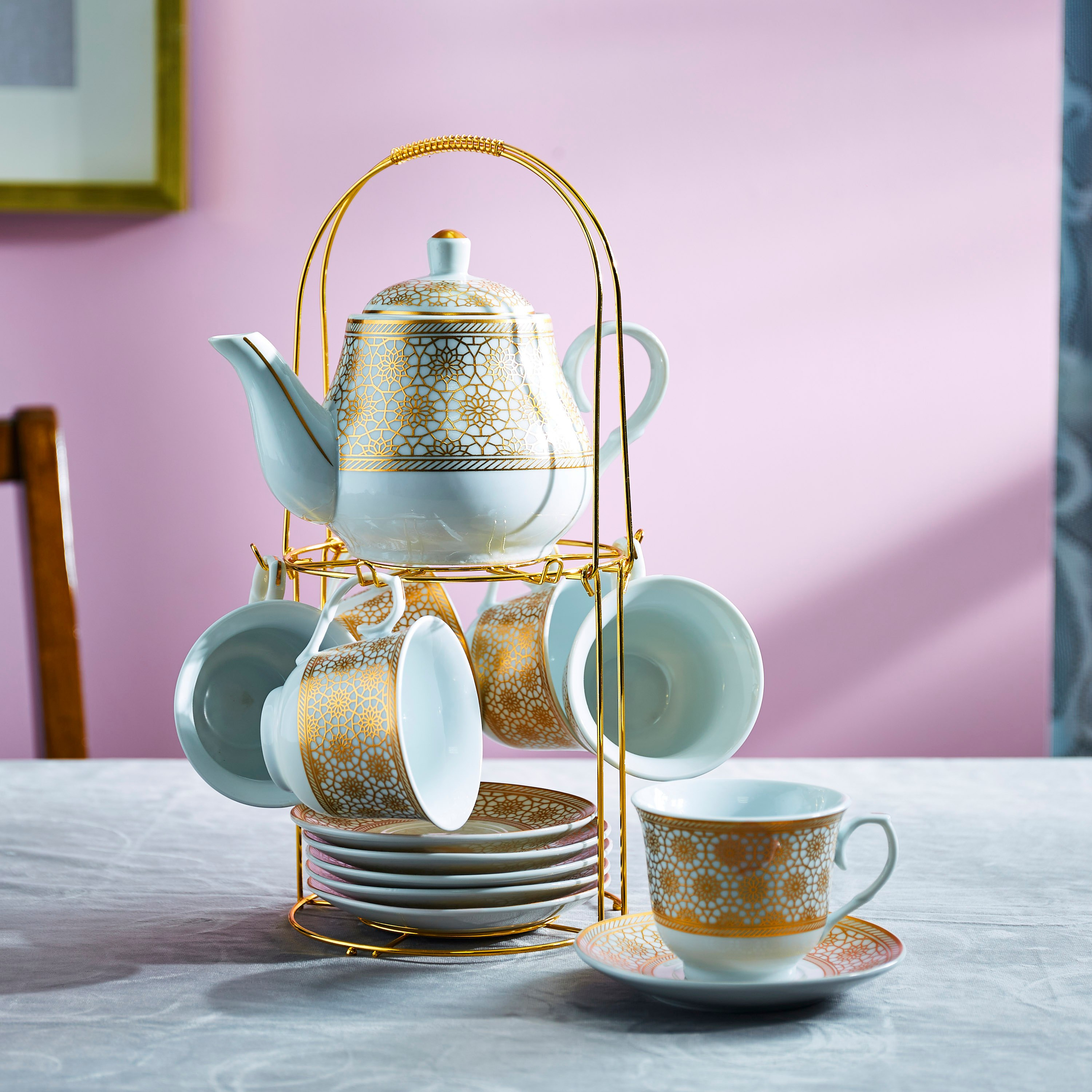 طقم شاي مع حامل من مشربية - 15 قطعة-hbxhomeware-diningandtabletop-coffeeandteasets-image-1