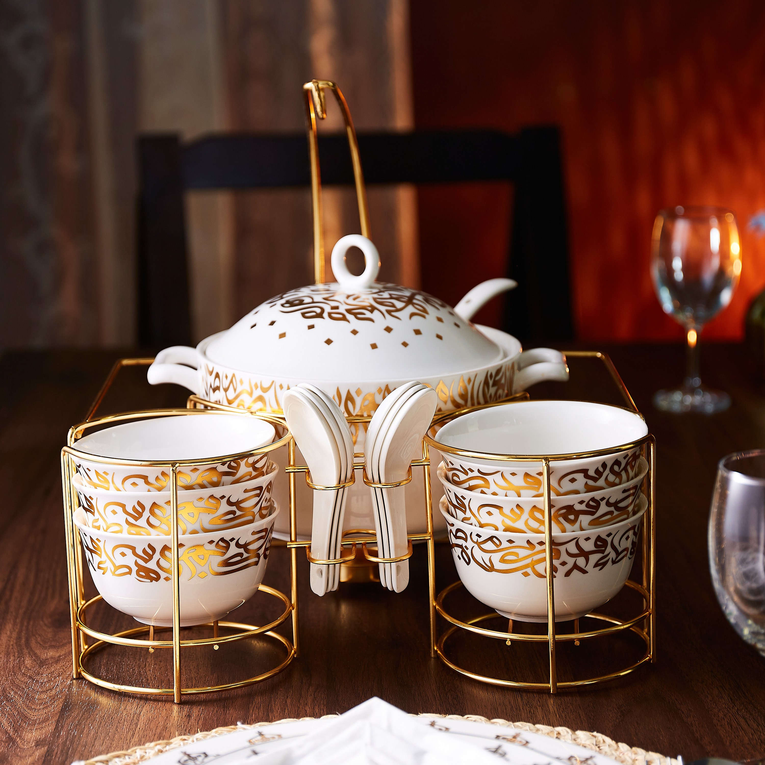 طقم شوربة 15 قطعة مع حامل بطبعات خط - 15 قطعة-hbxdecorandfurnishings-tabletop-serveware-image-1