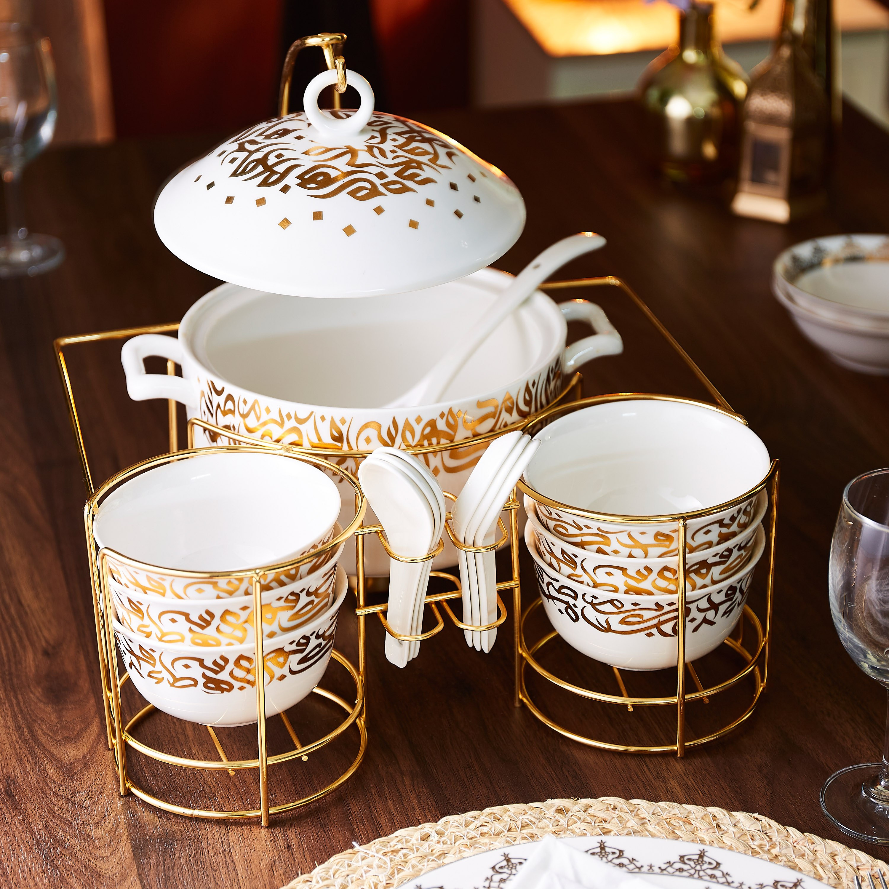 طقم شوربة 15 قطعة مع حامل بطبعات خط - 15 قطعة-hbxdecorandfurnishings-tabletop-serveware-image-2