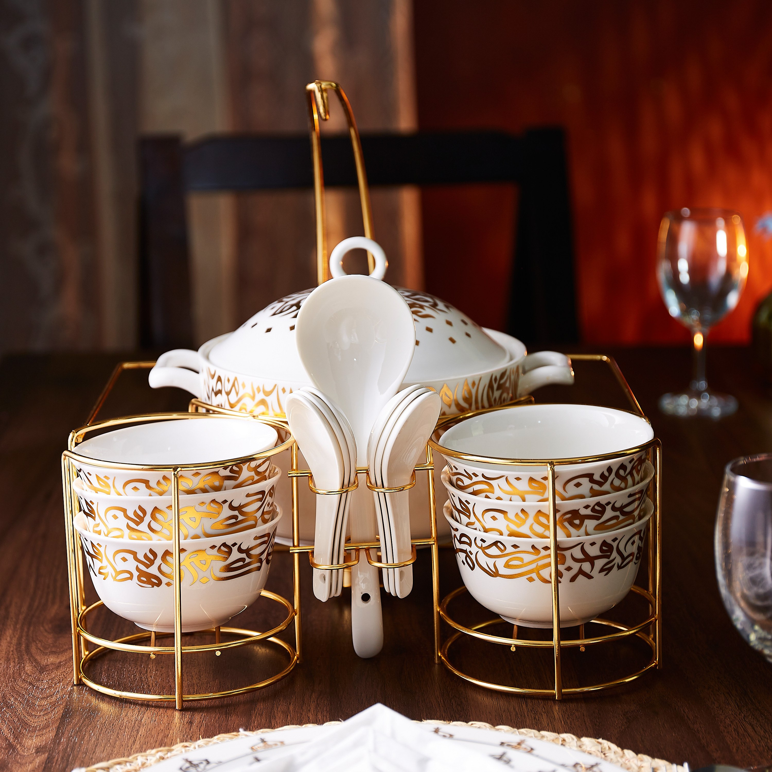 طقم شوربة 15 قطعة مع حامل بطبعات خط - 15 قطعة-hbxdecorandfurnishings-tabletop-serveware-image-3