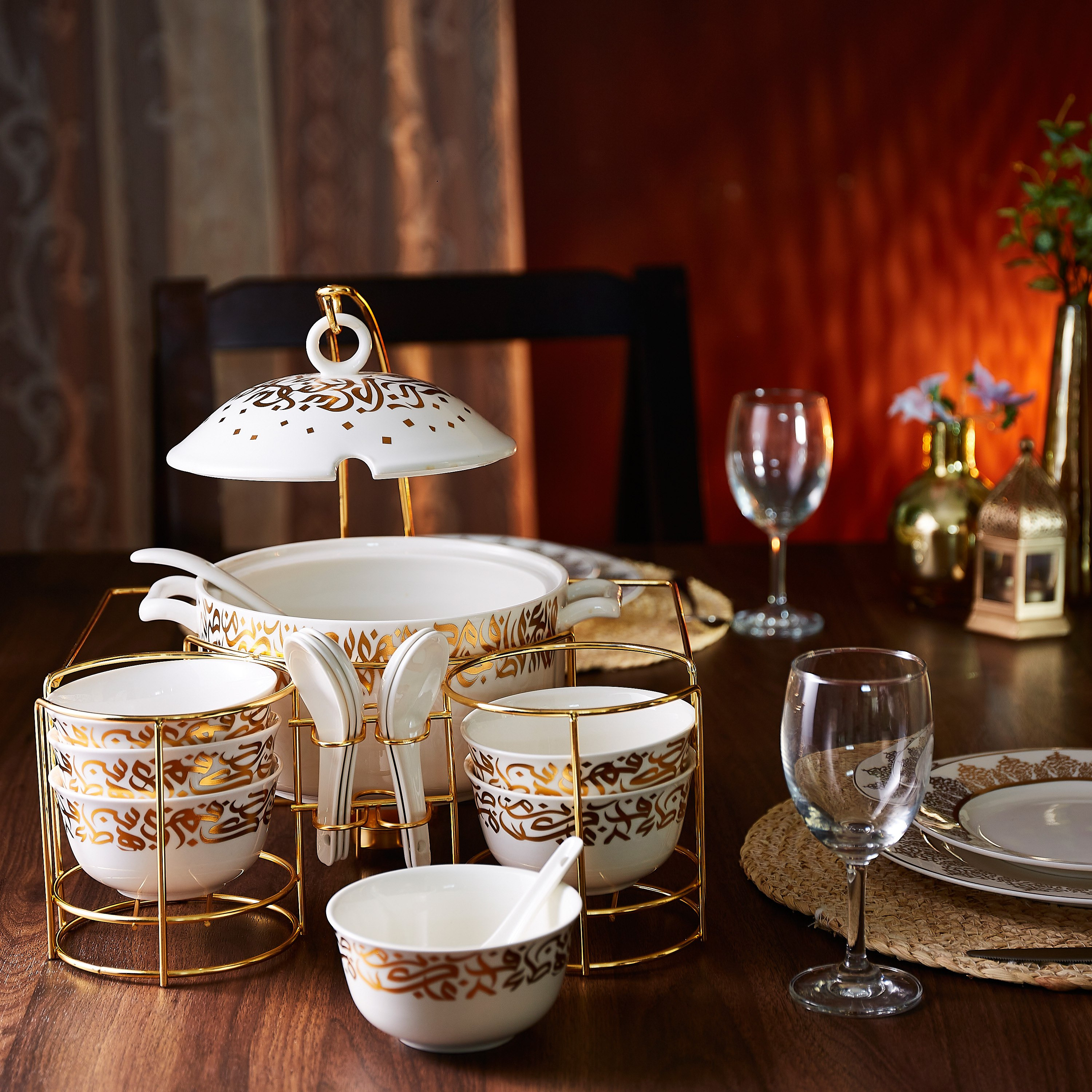 طقم شوربة 15 قطعة مع حامل بطبعات خط - 15 قطعة-hbxdecorandfurnishings-tabletop-serveware-image-6