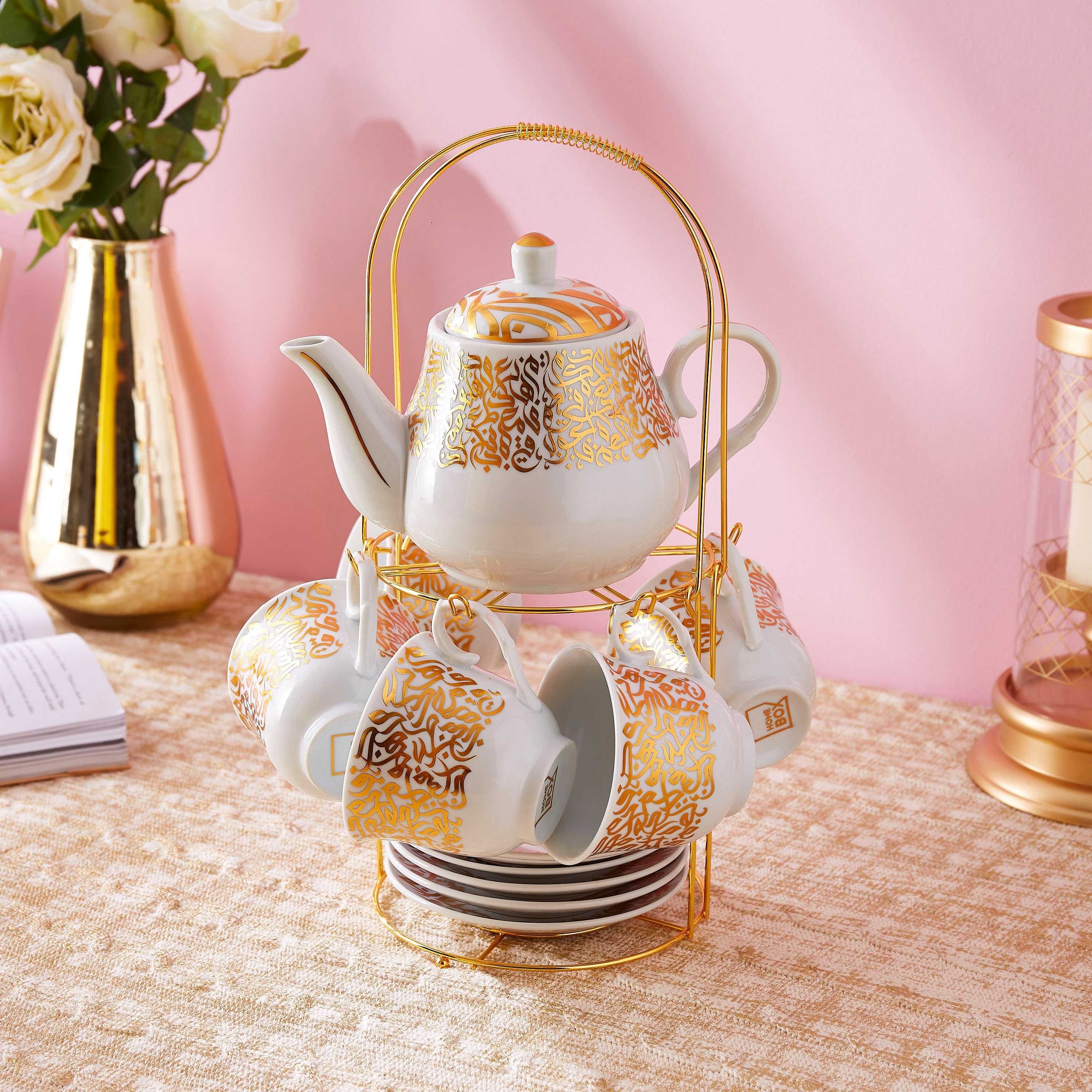 طقم جلسة شاي مع حامل بتصميم كاليجرافي - 15 قطعة-hbxhomeware-diningandtabletop-coffeeandteasets-image-2