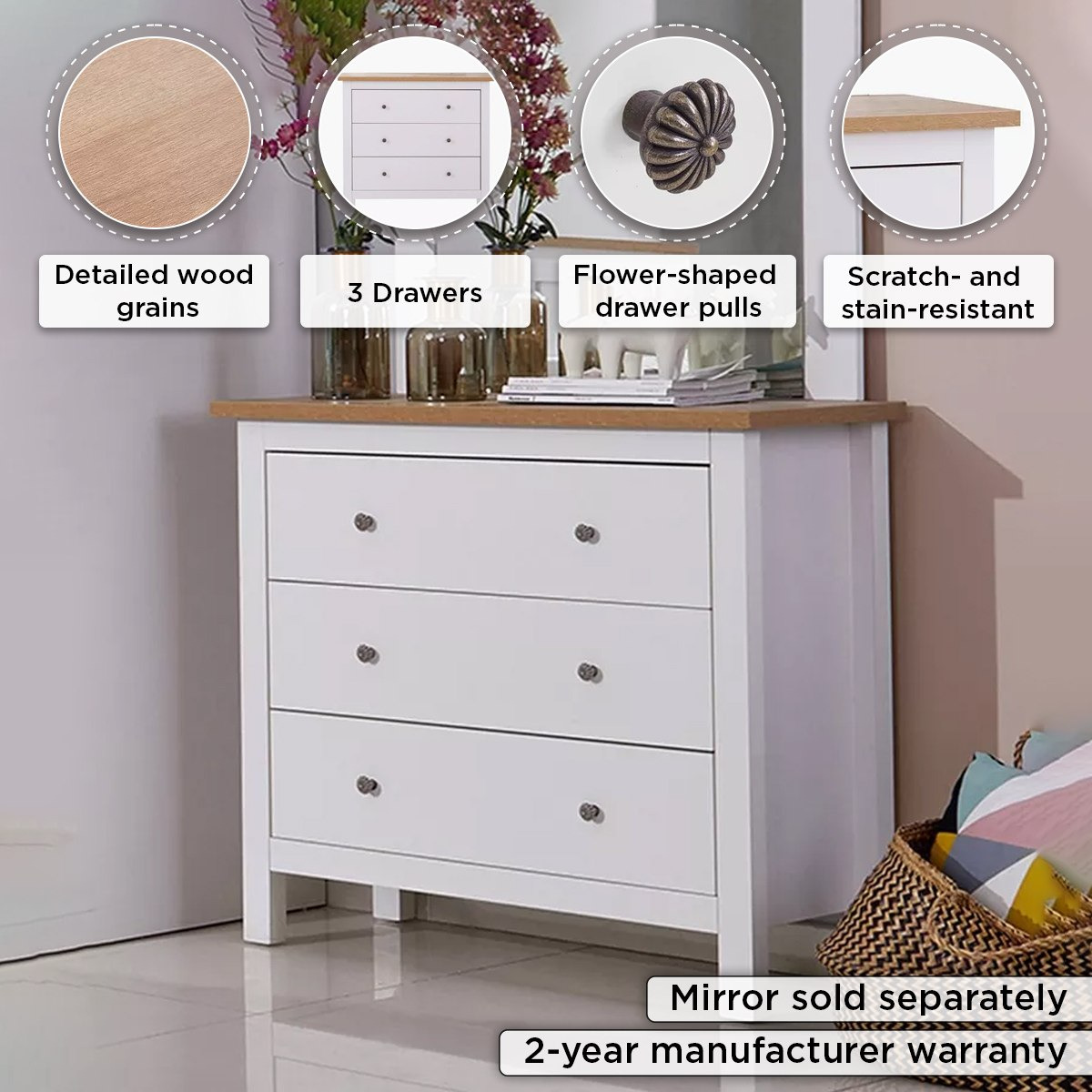 طاولة تزيين 3 أدراج دون مرآة من هامبتون-hbxkidsandyouth-dressersandchests-chestofdrawers-image-4