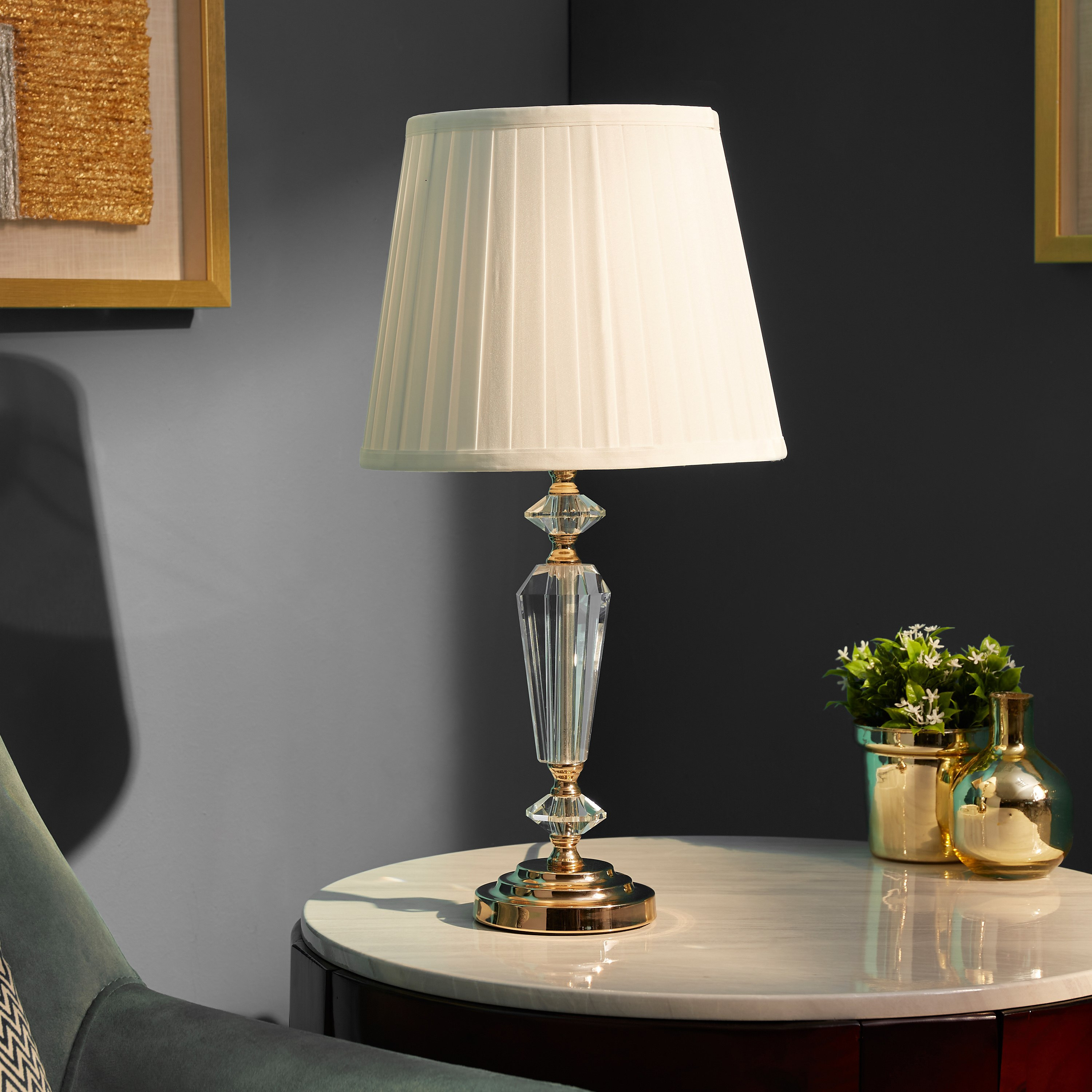 Corsa Crystal Metal Base Table Lamp with Pleated Shade - 56x28 cm-hbxlivingroom-lighting-tablelamps-image-1
