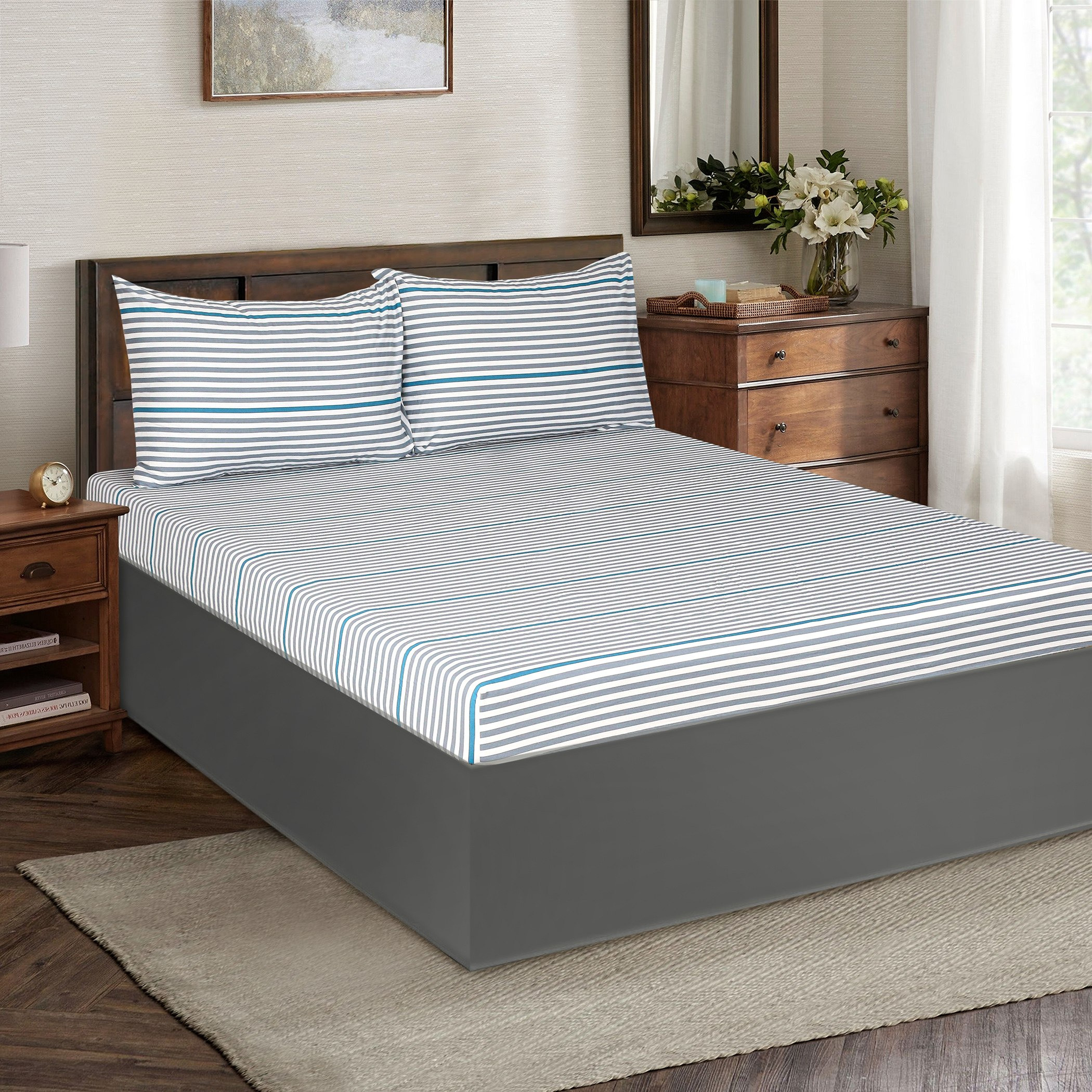 شرشف سرير قطن مقاس كوين بطبعات أليسون ناتشورال ليفينج - 150 × 200 + 25 سم-hbxhomeware-bedding-fittedsheets-image-1