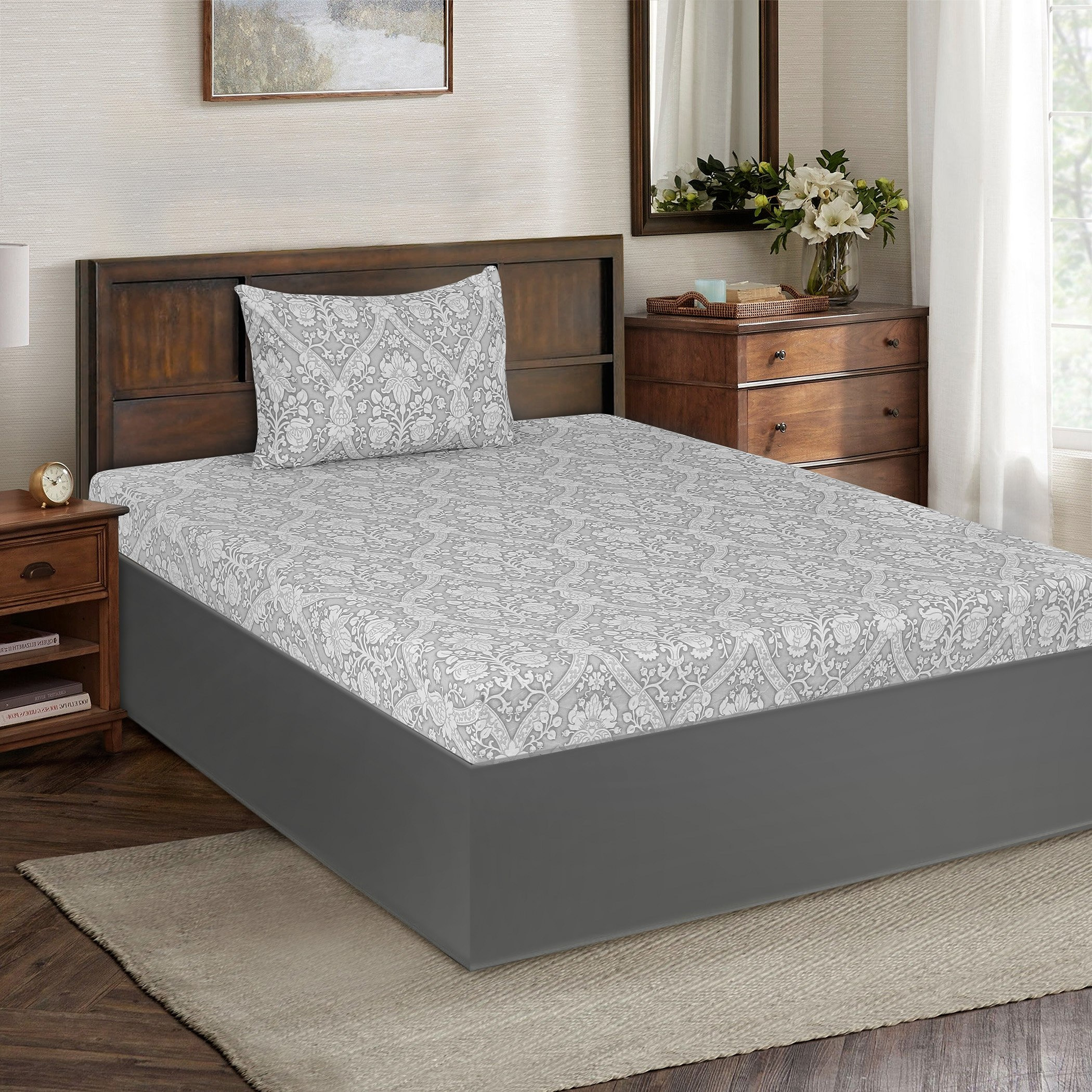 شرشف مطّاطي مزدوج قطن بطبعات من مونوكروم لاكجيري جيانا - 120x220+25 سم-hbxhomeware-hbxbedroom-image-2