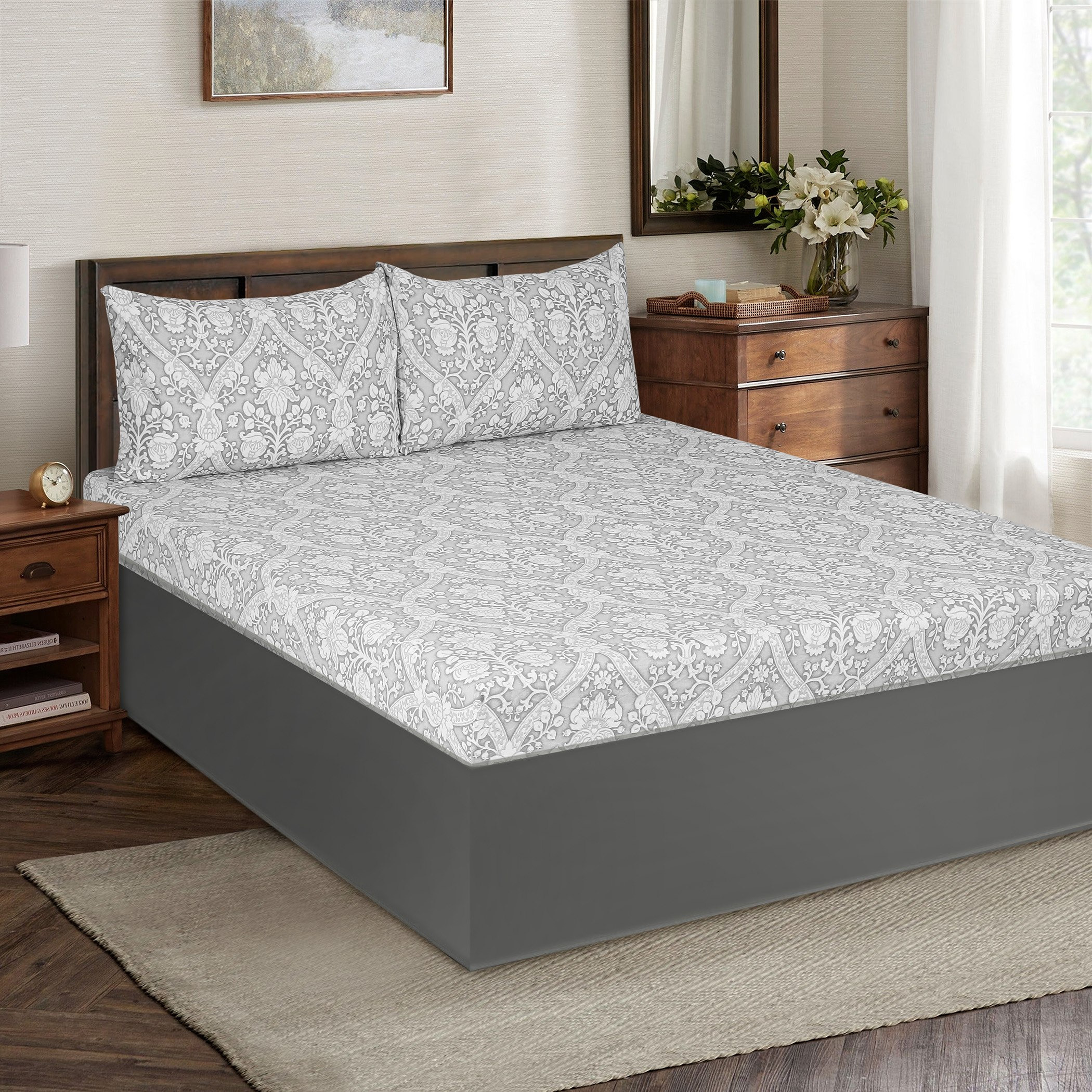 شرشف مطّاطي كوين قطن بطبعات من مونوكروم لاكجيري جيانا- 150x200+25 سم-hbxhomeware-hbxbedroom-image-1