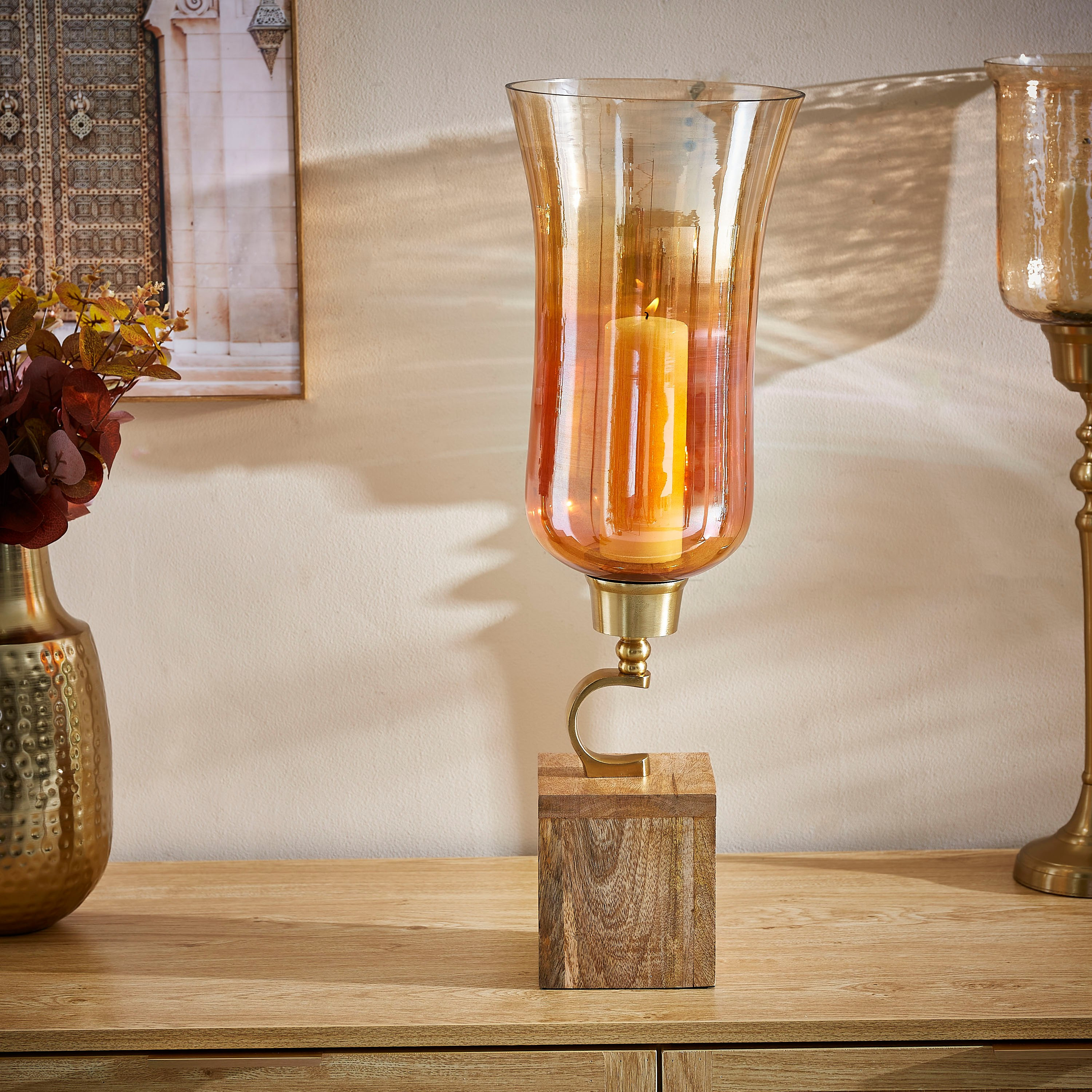 حامل شموع خشب بجرة زجاجيّة من تريفيا - 29x29x25 سم-hbxlivingroom-decorandaccessories-candleholders-image-1
