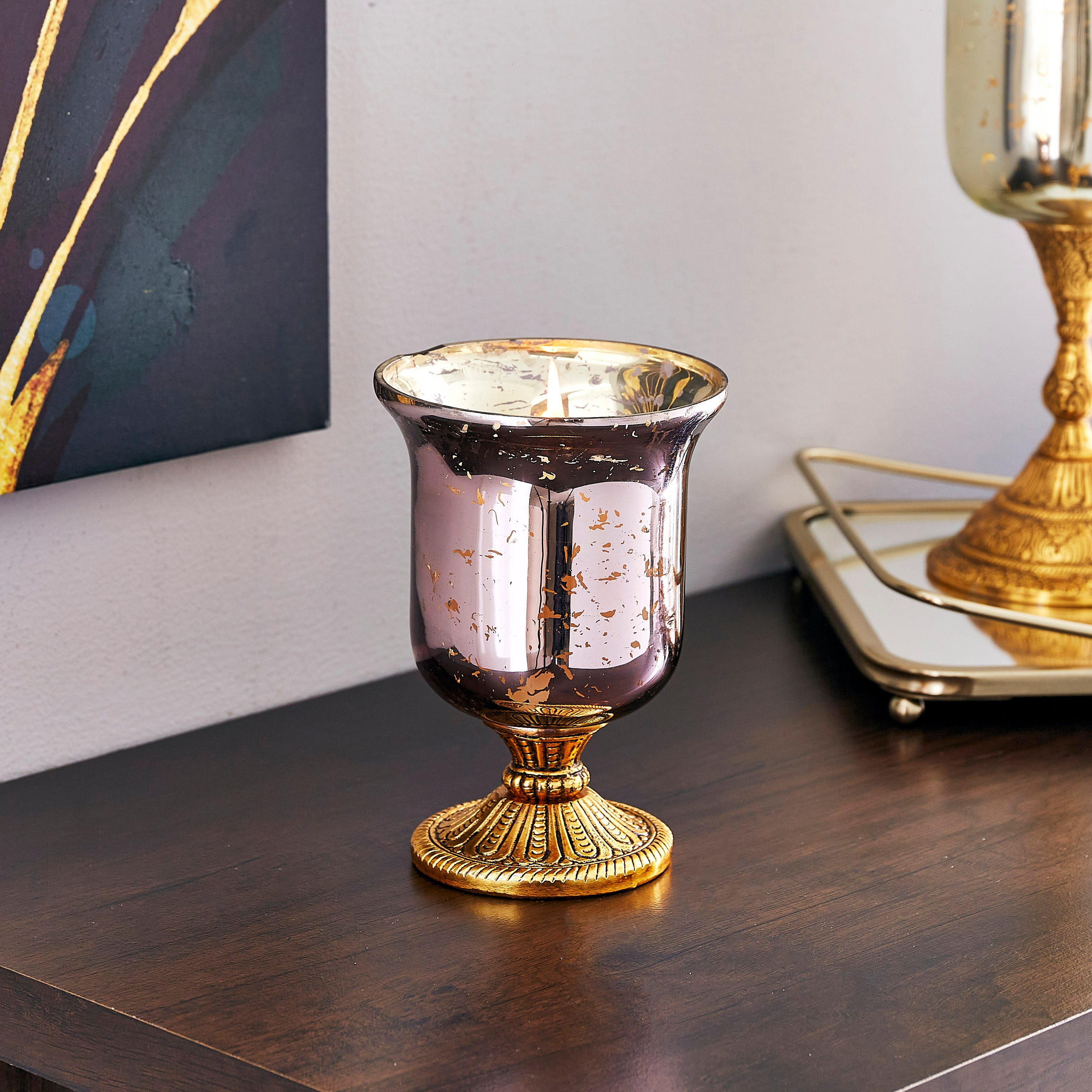 حامل شموع زجاجي بقاعدة معدن من أروها - 11.5x11.5x19.5 سم-hbxlivingroom-decorandaccessories-candleholders-image-1