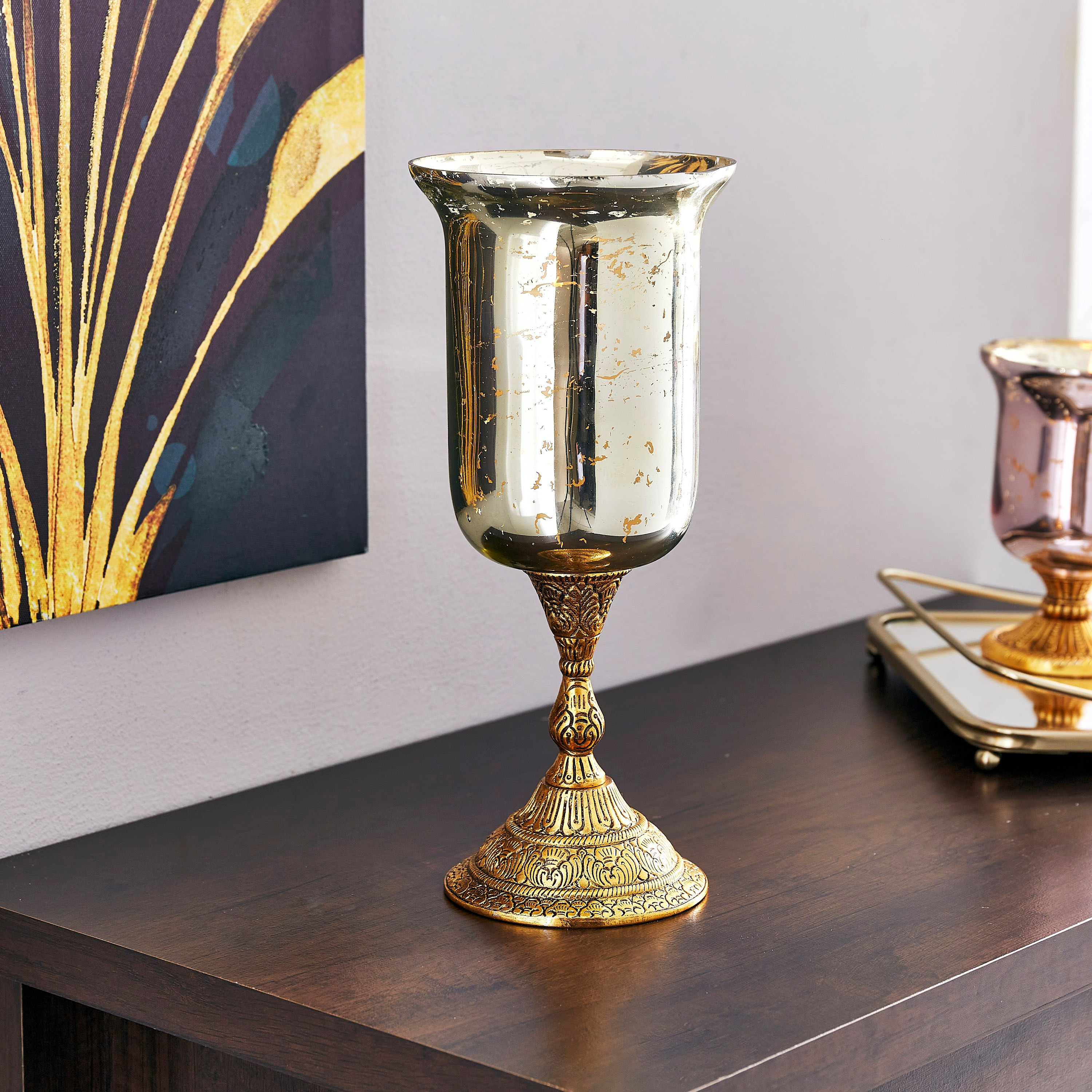 حامل شموع زجاجي بقاعدة معدن من أروها - 11x11x28 سم-hbxlivingroom-decorandaccessories-candleholders-image-1