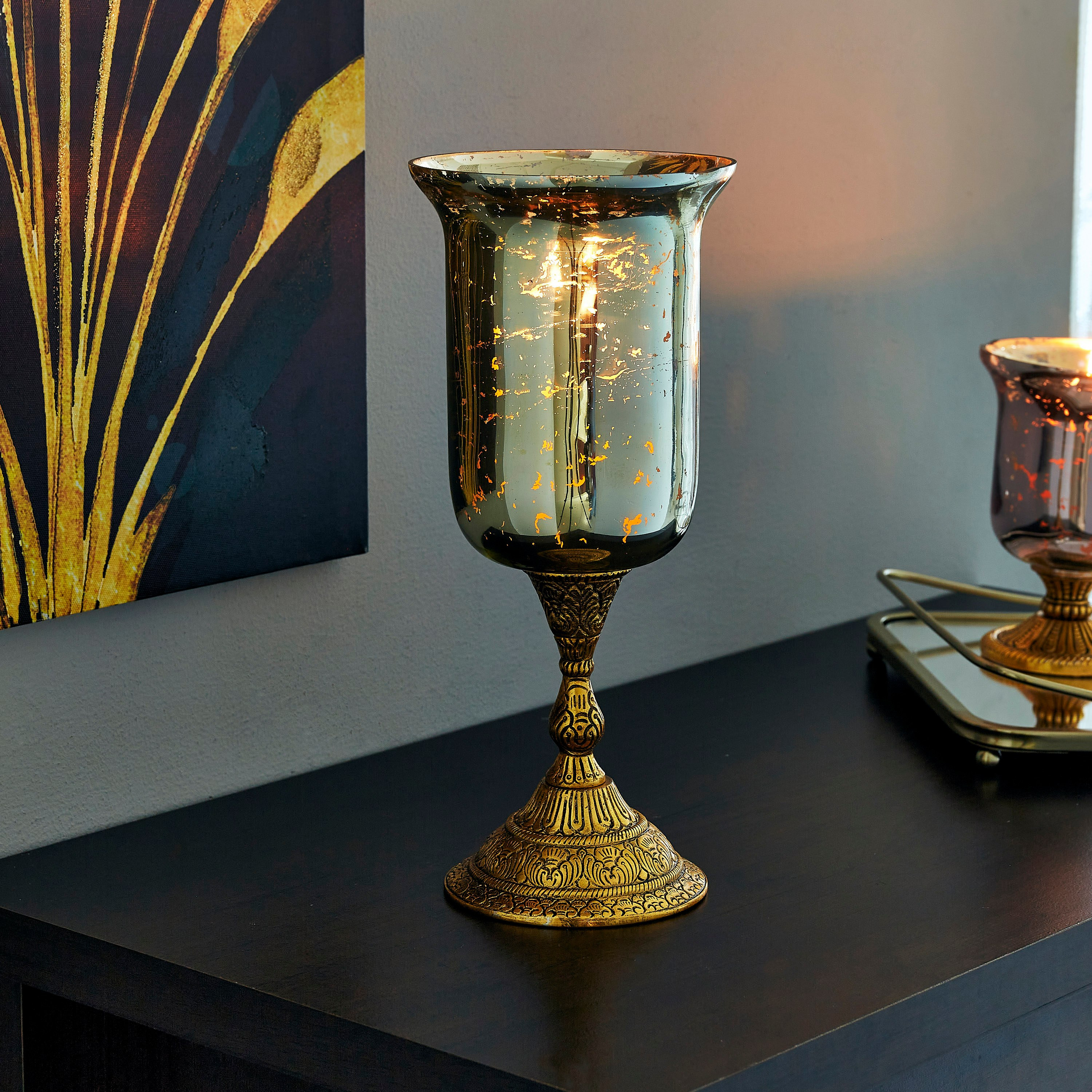 حامل شموع زجاجي بقاعدة معدن من أروها - 11x11x28 سم-hbxlivingroom-decorandaccessories-candleholders-image-2