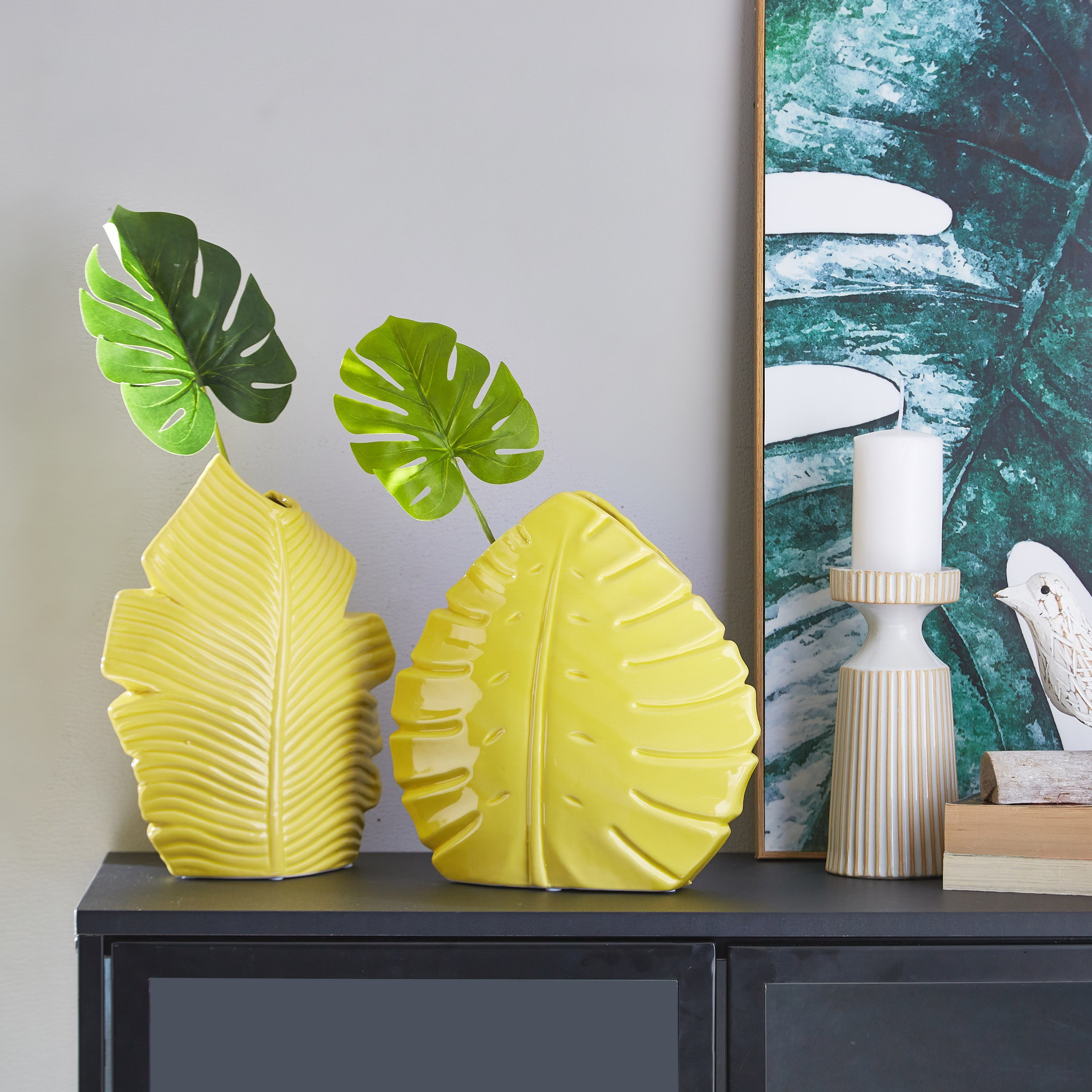 مزهرية سيراميك بتصميم ورقة شجر من ديوك - 24.8x7.7x25.5 سم-hbxbedroom-decorandaccessories-vases-image-4