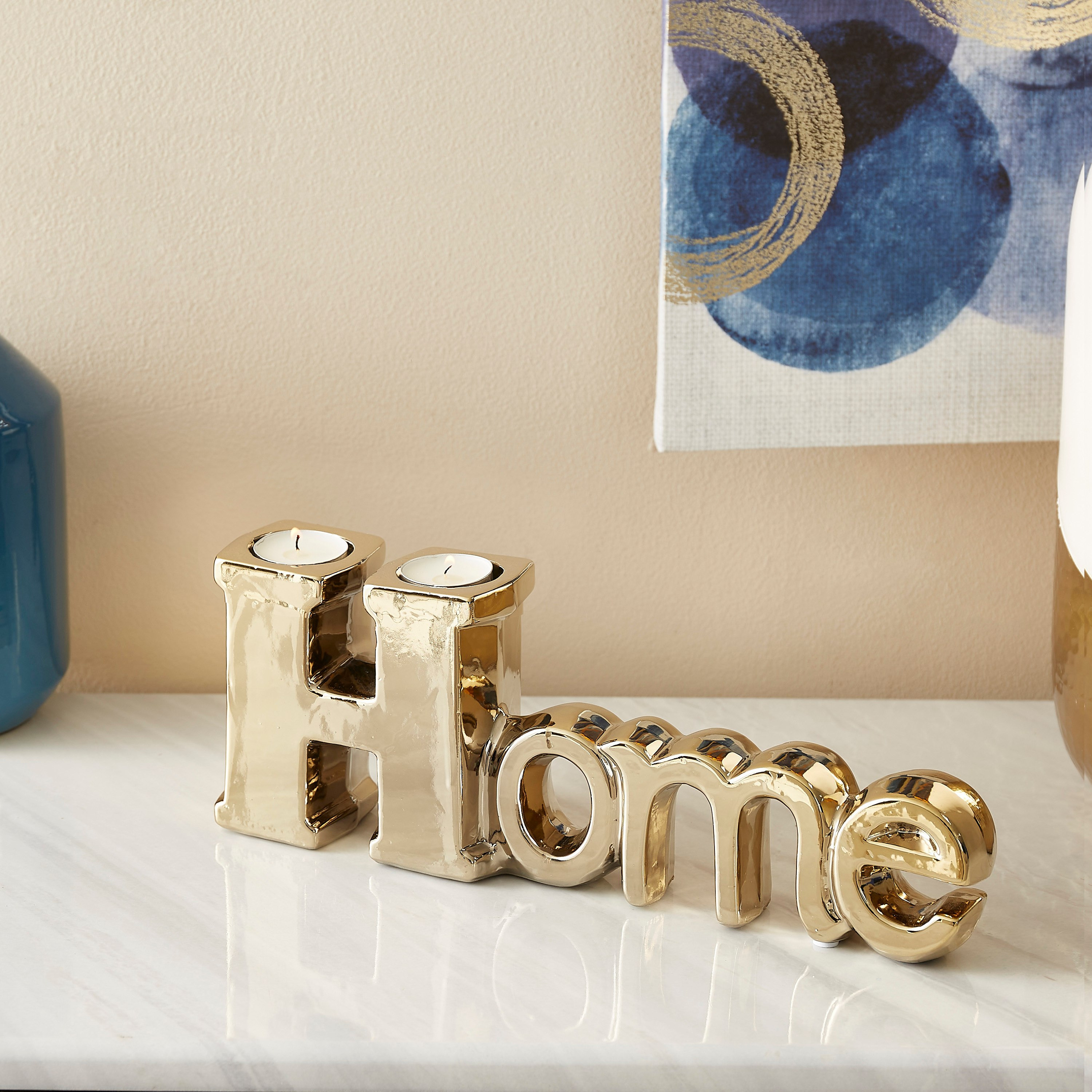 Casa Golden Ceramic Home Letter with Tealight Holder - 34x6x13 cm-hbxhomeware-homedecor-figurinesandornaments-image-1