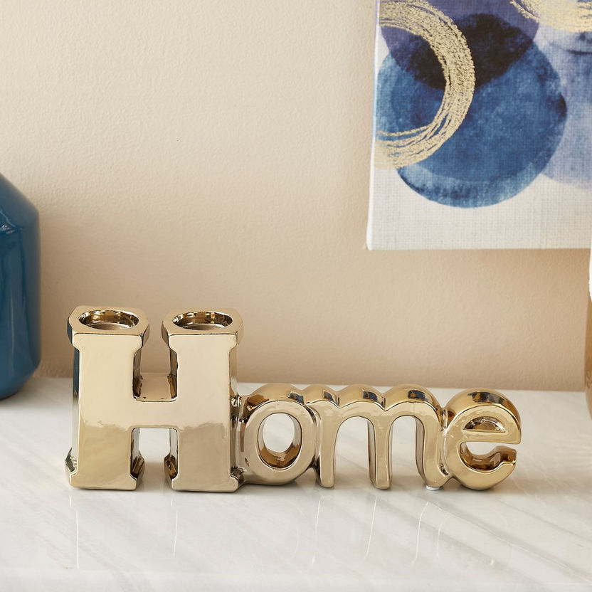 Casa Golden Ceramic Home Letter with Tealight Holder - 34x6x13 cm-Figurines and Ornaments-image-2