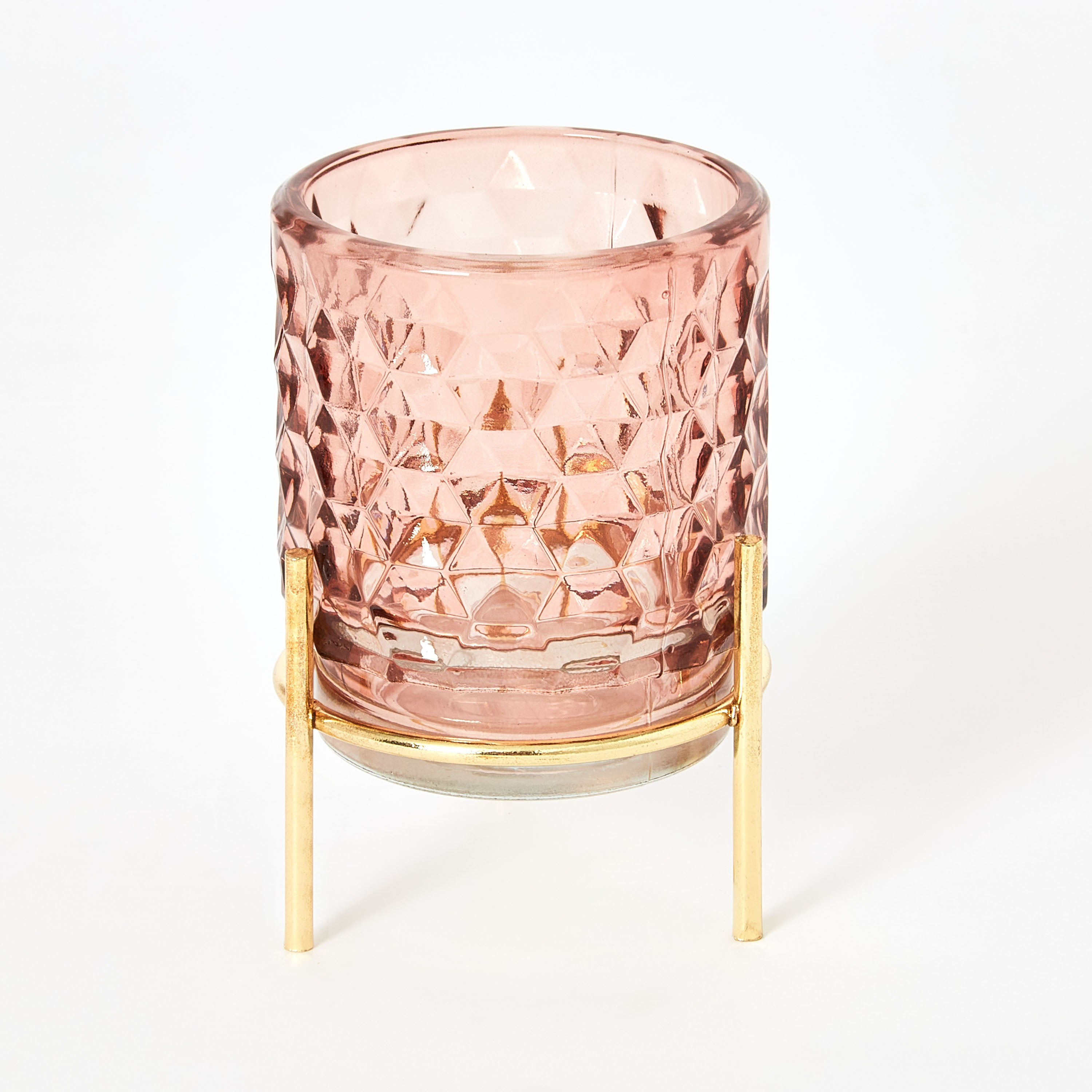 حامل شموع زجاجي صغير بارز الملمس بقاعدة معدن من أودري - 7x10.5 سم-hbxlivingroom-decorandaccessories-candleholders-image-5