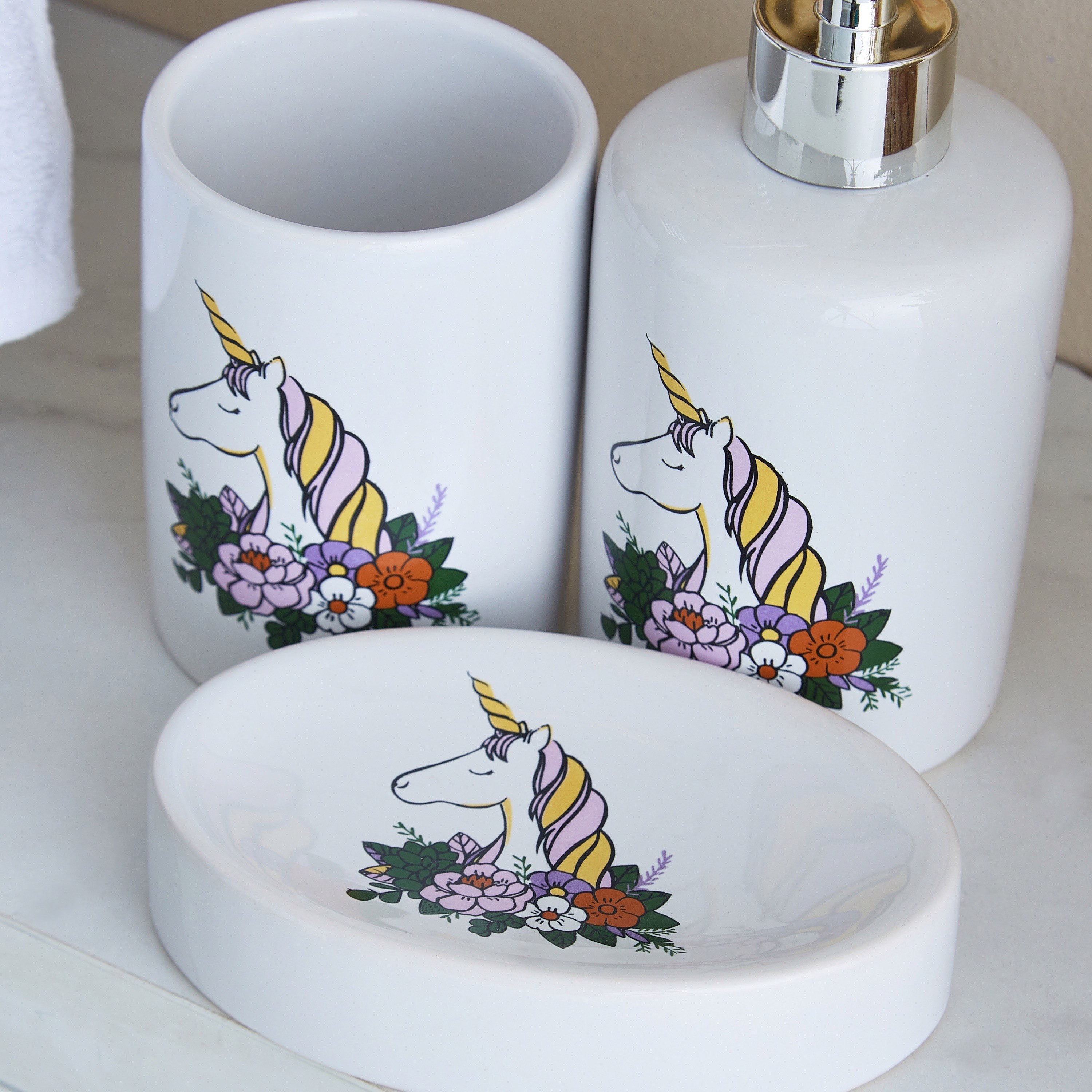 طقم موزع صابون سائل سيراميك وكوب وصحن صابون بطبعات يونيكورن من إريس-hbxhomeware-hbxkidsandyouth-image-5
