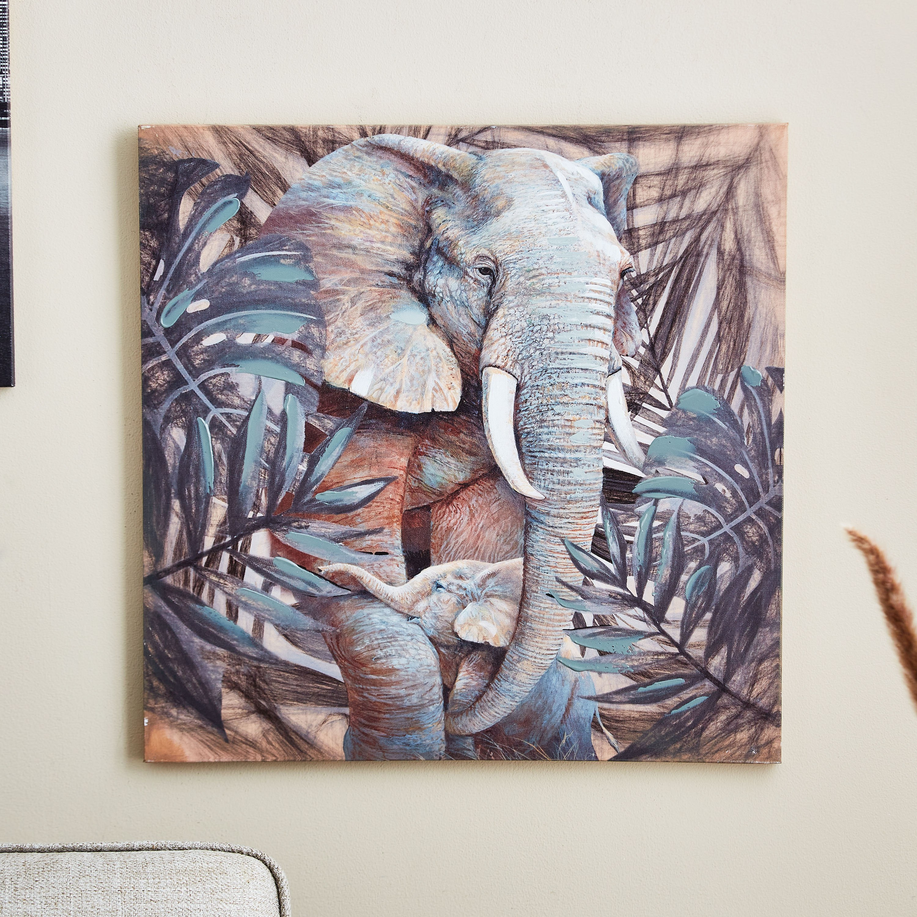 Jade Canvas Printed and Handpainted Elephant Framed Picture - 50x3x50 cm-PROMO_HB_AE_B1G1_250925-image-1