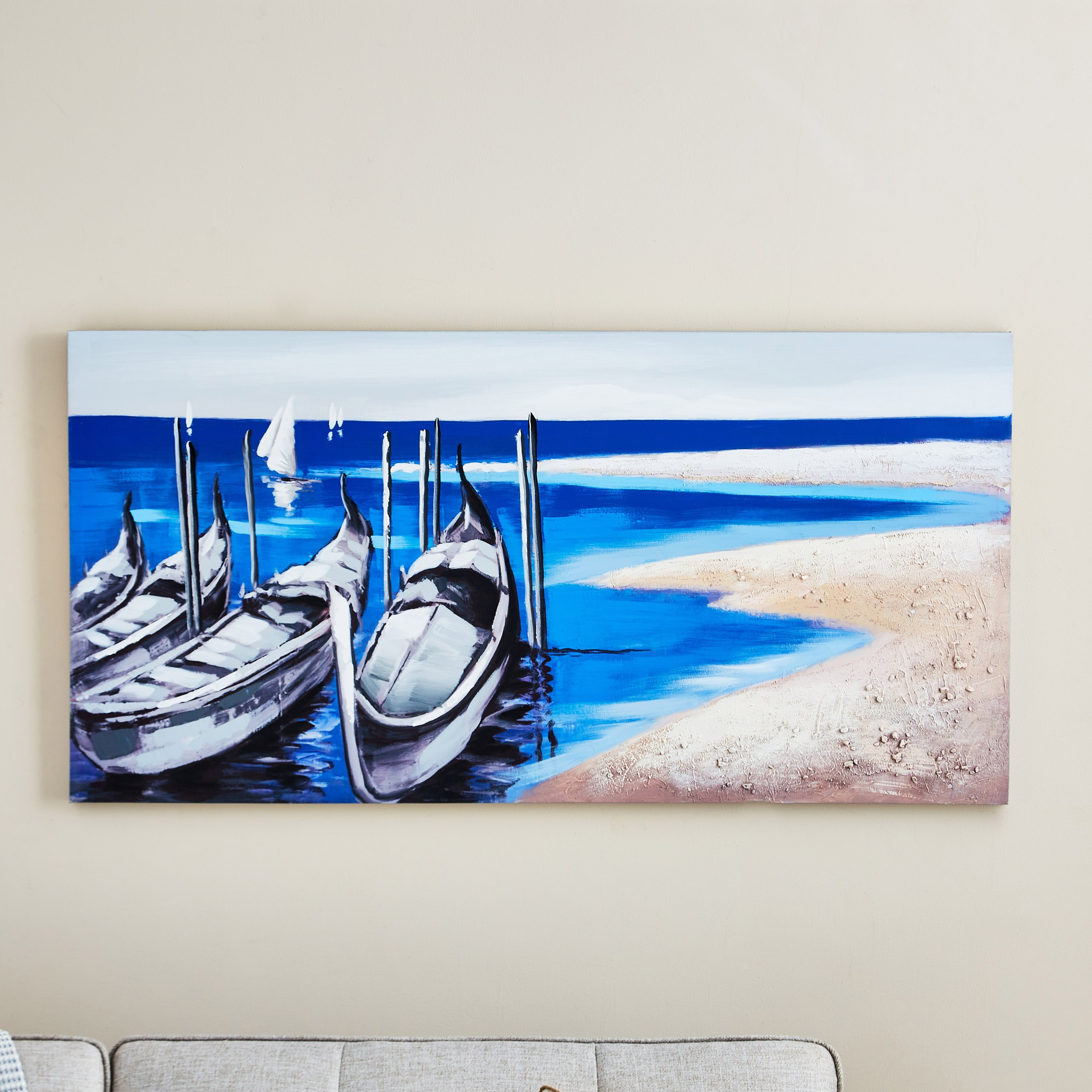 لوحة كانفاس مؤطرة مرسومة يدويا بطبعات قوارب من جايد - 120x3x60 سم-hbxhomeware-hbxdecorandfurnishings-image-1