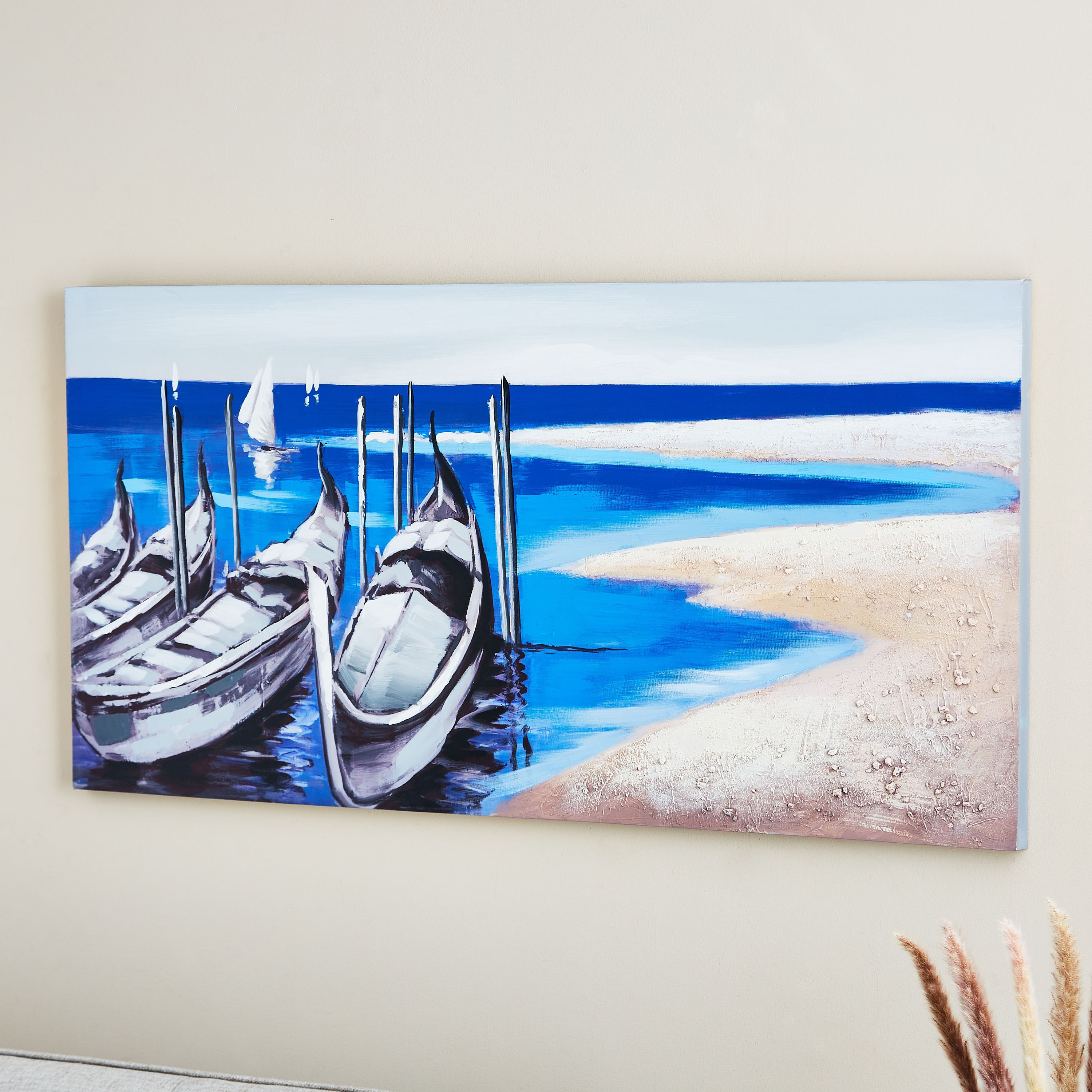 لوحة كانفاس مؤطرة مرسومة يدويا بطبعات قوارب من جايد - 120x3x60 سم-hbxhomeware-hbxdecorandfurnishings-image-2