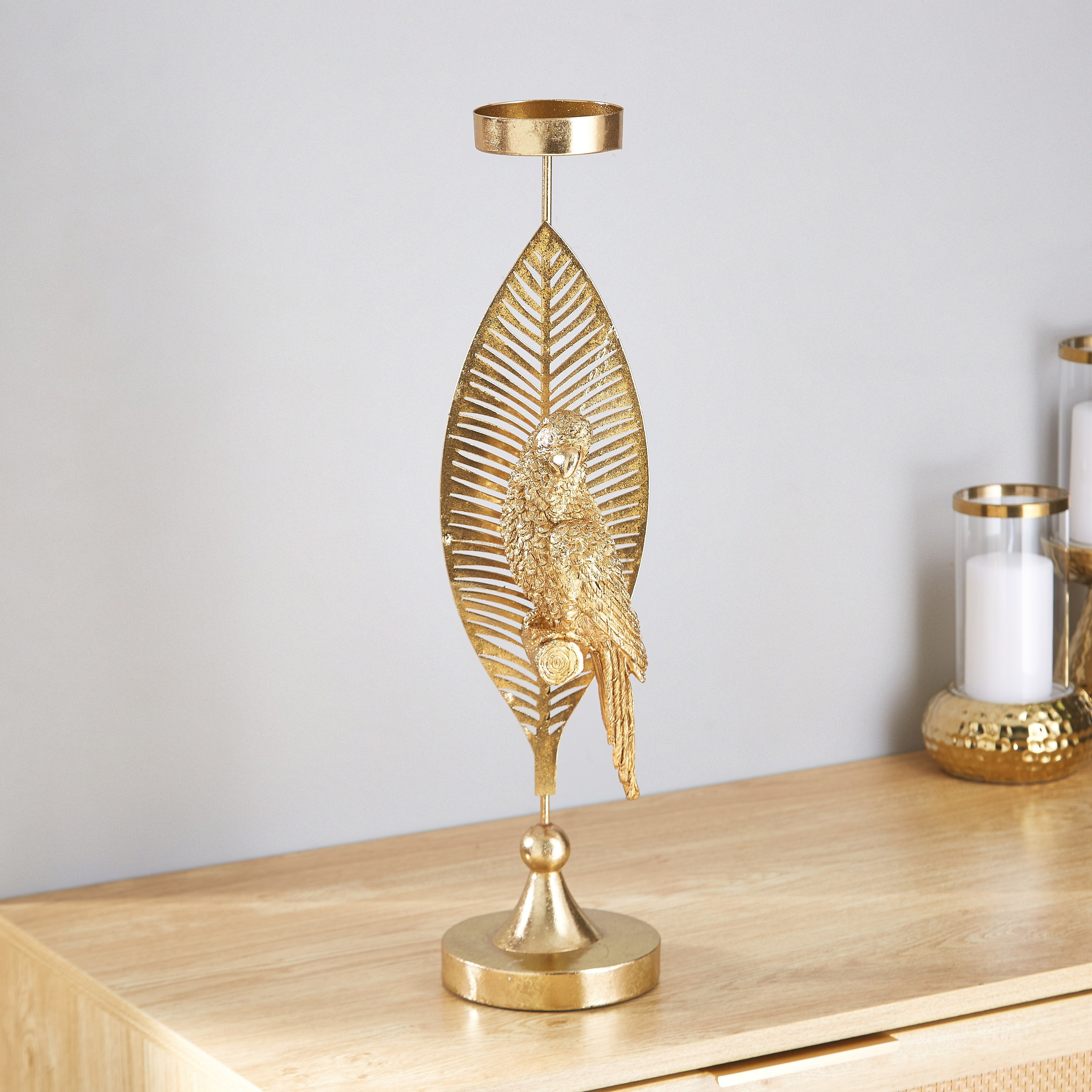 حامل شموع بوليريسين بتصميم ببغاء على ورقة شجر من زوي - 13.5x14x51 سم-hbxbedroom-homefragrance-candleholders-image-1