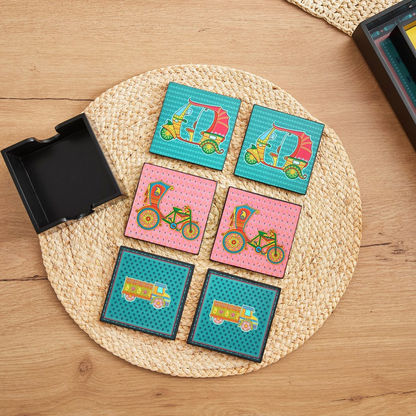Indie Vibe 6-Piece Wooden Coaster Set with Holder - 10x10x4 cms