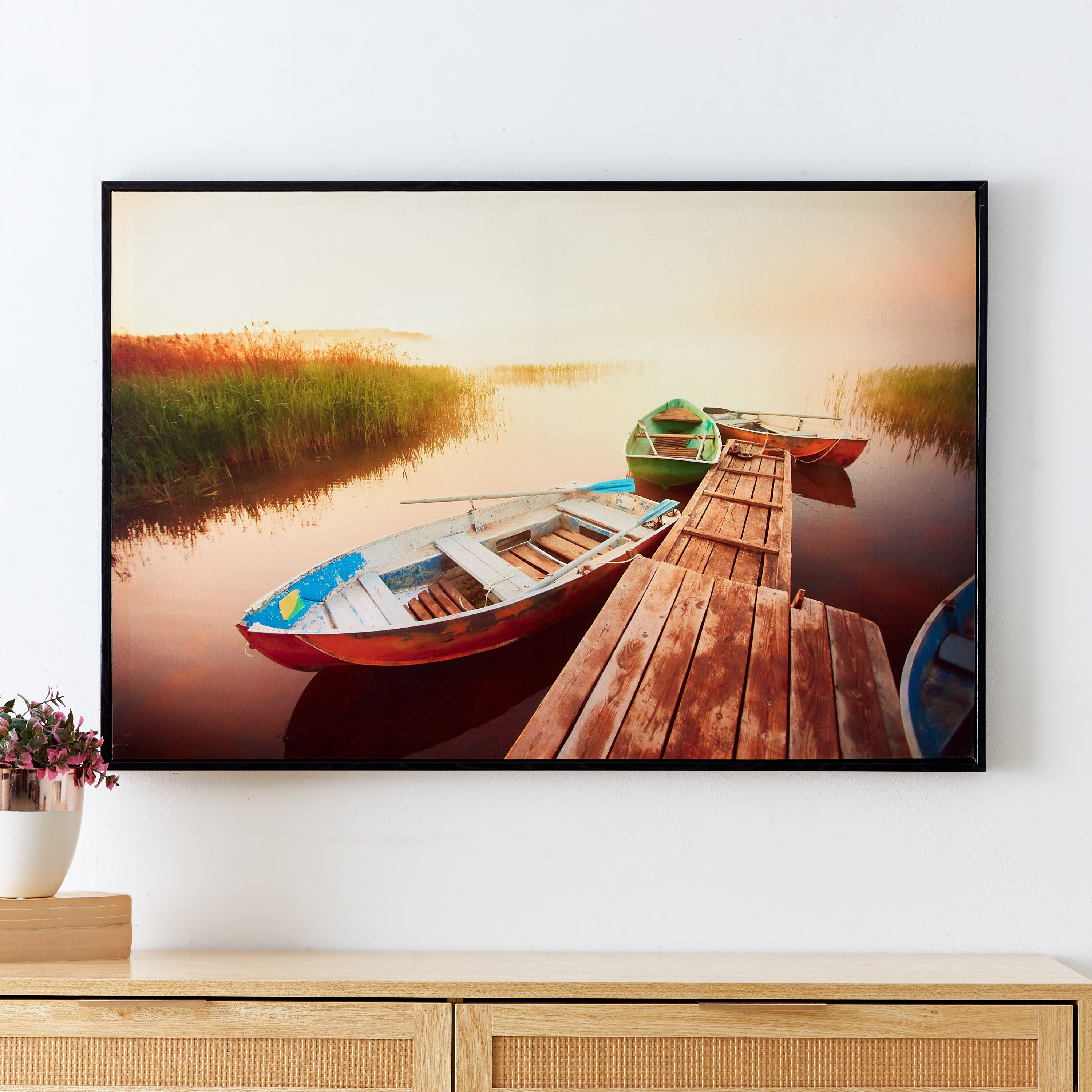 Evora Boat Lake Glossy Canvas Framed Picture - 90x3x60 cm-hbxhomeware-hbxdecorandfurnishings-image-1