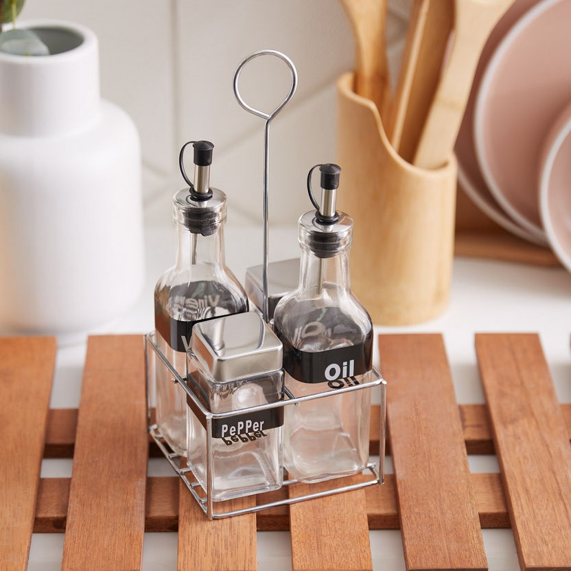 Essential 4-Piece Glass Cruet Set with Stand-Condiment Holders-image-0