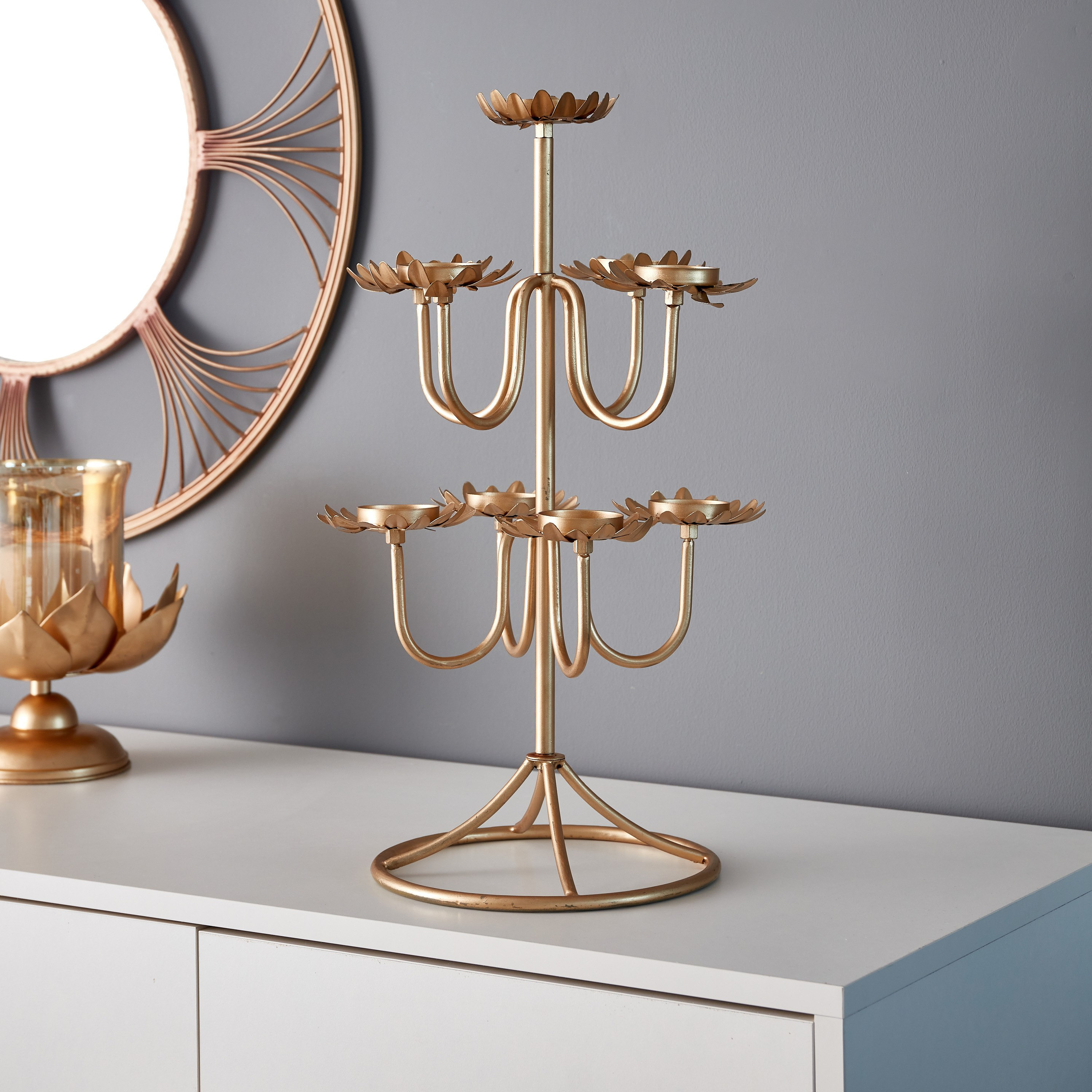 حامل لـ9 شموع صغيرة من سمرقند ميتال لوتس شاما - 30x30x50 سم-hbxlivingroom-decorandaccessories-candleholders-image-2