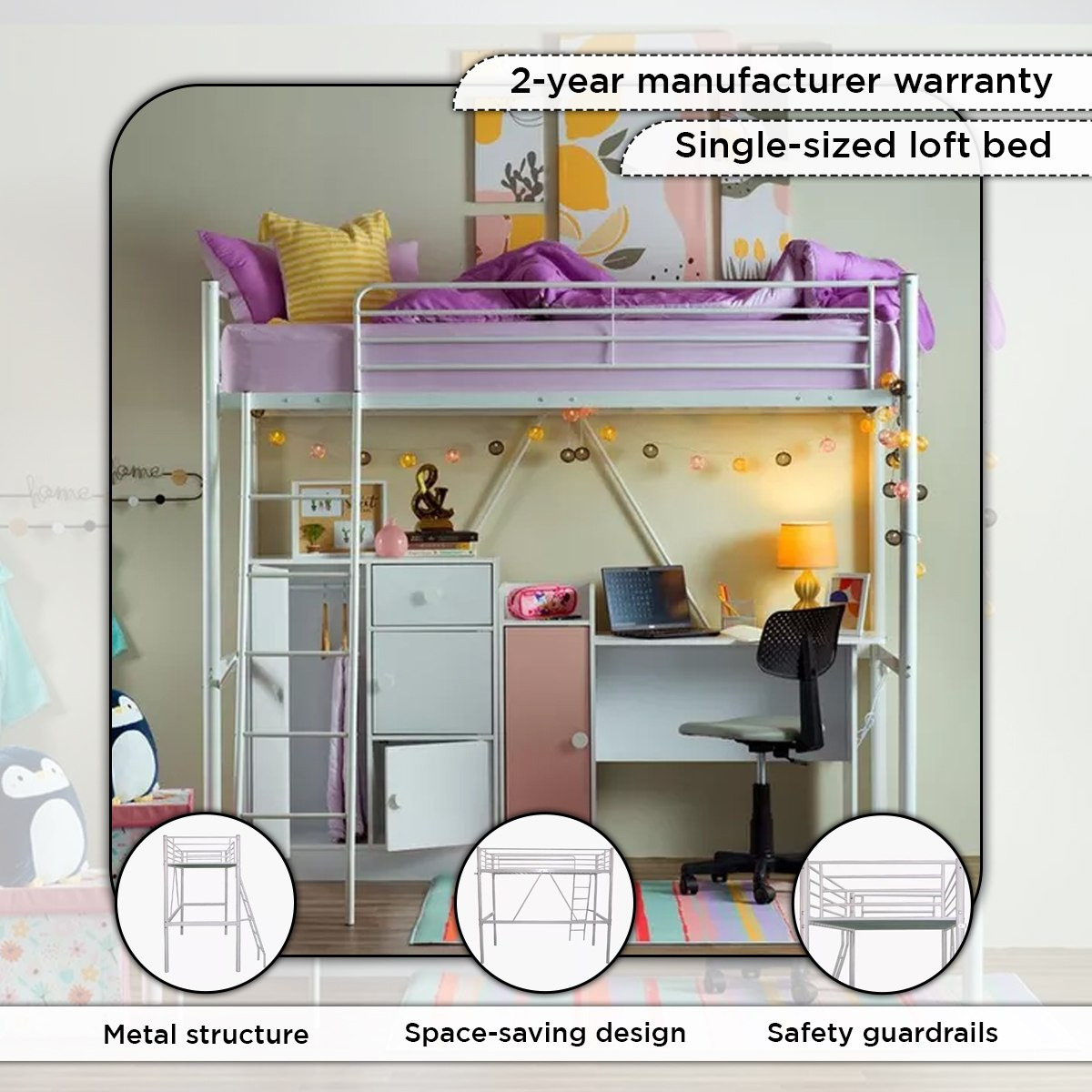 Vanilla Metal Single Loft Bed - 90x200 cm-hbxkidsandyouth-bedsandbedsets-bunkbeds-single-image-5