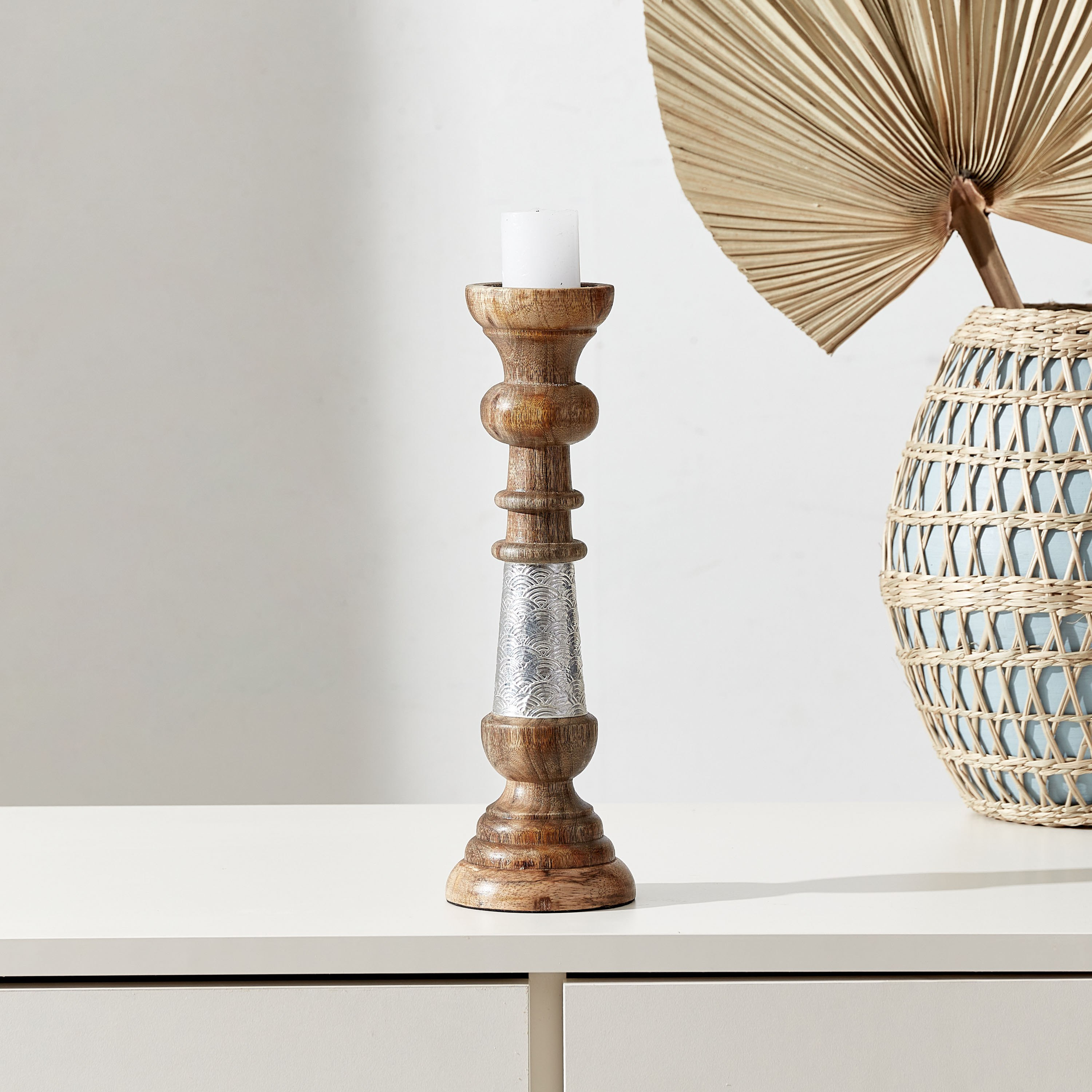 حامل شموع خشبي بزركشة معدنية من زين - 30.5 سم-hbxlivingroom-decorandaccessories-candleholders-image-1