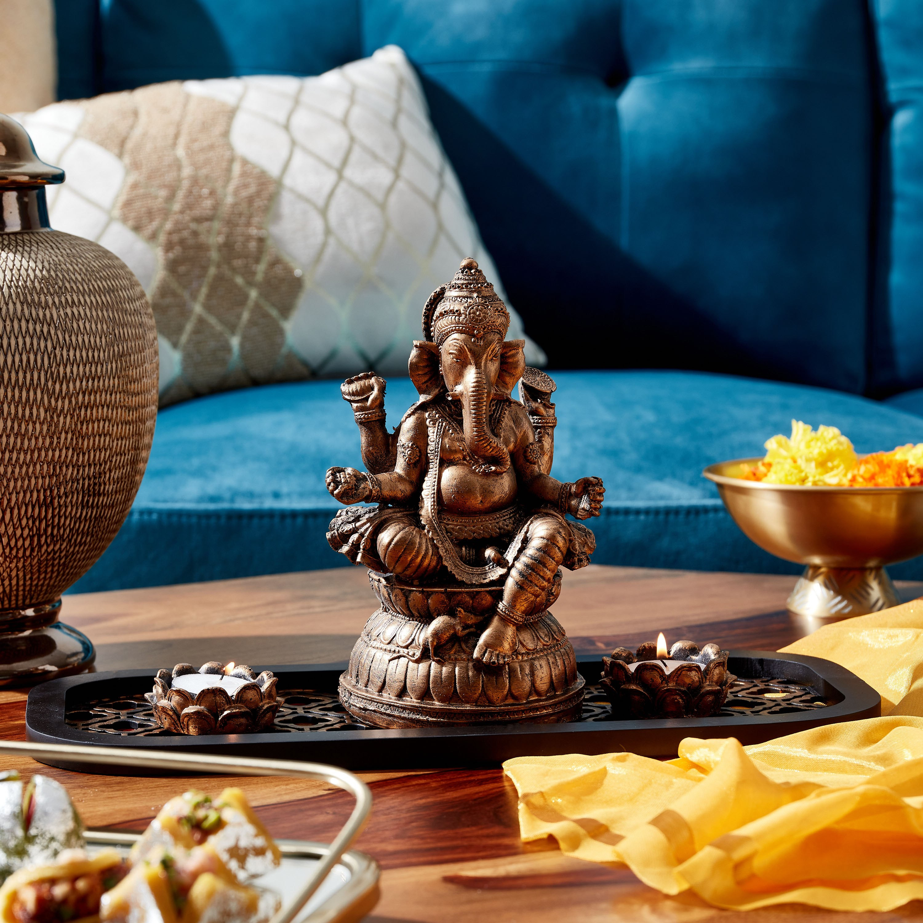 Minerva Polyresin Ganesha Gold Tealight Holder - 36x22x16 cm-hbxlivingroom-decorandaccessories-candleholders-image-1