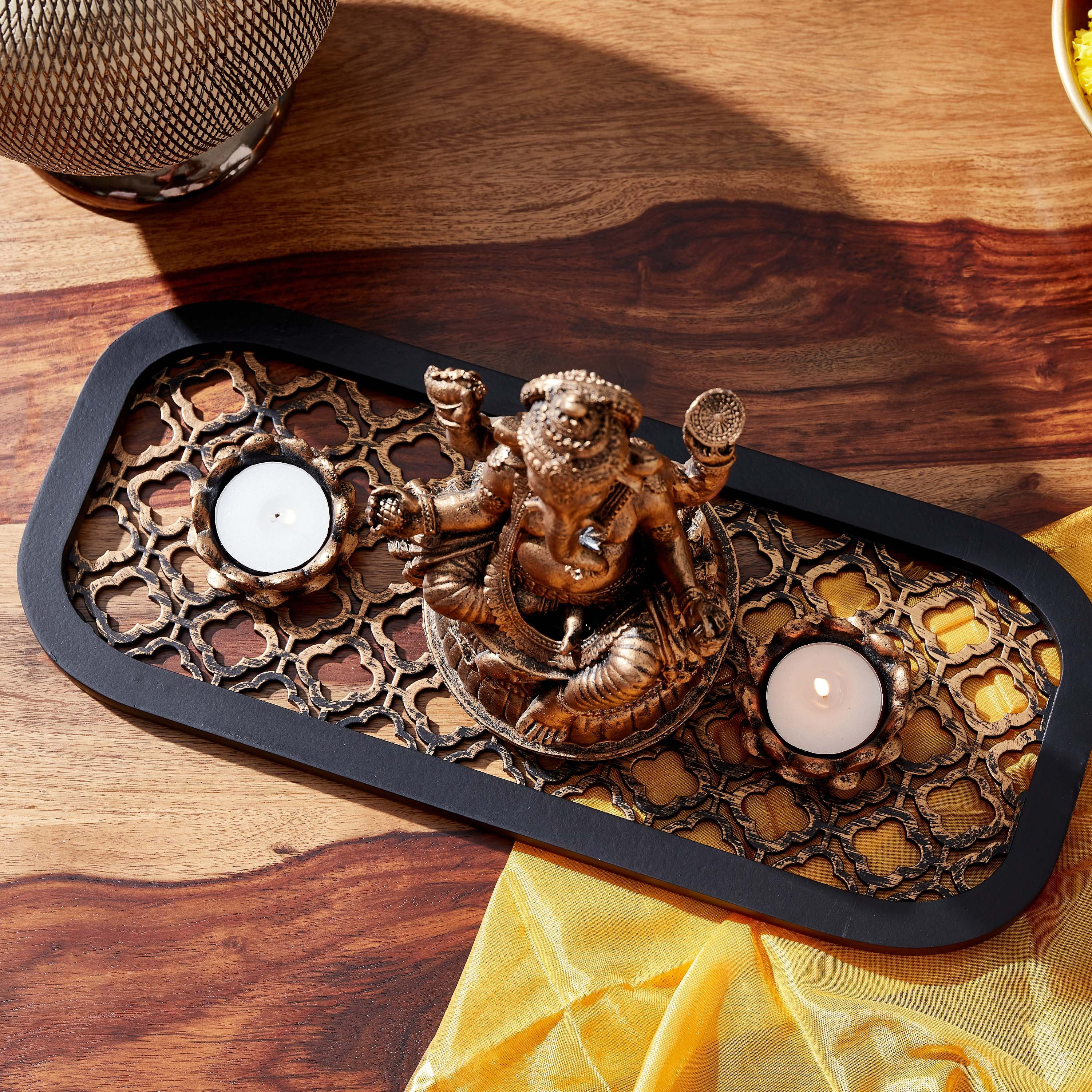 Minerva Polyresin Ganesha Gold Tealight Holder - 36x22x16 cm-hbxlivingroom-decorandaccessories-candleholders-image-2