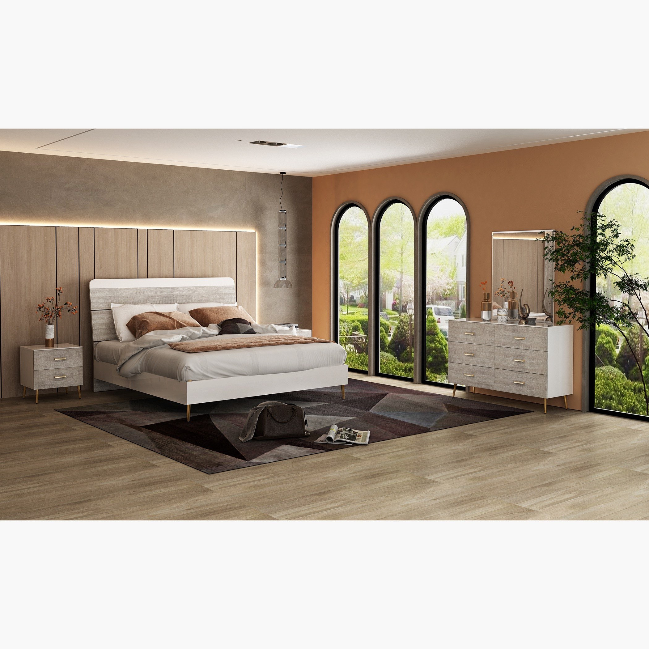 طقم غرفة نوم كينج فائقة اللمعان 5 قطع من إيلا - 180x200 سم-hbxbedroom-bedsandbedsets-bedroomsets-king-image-1
