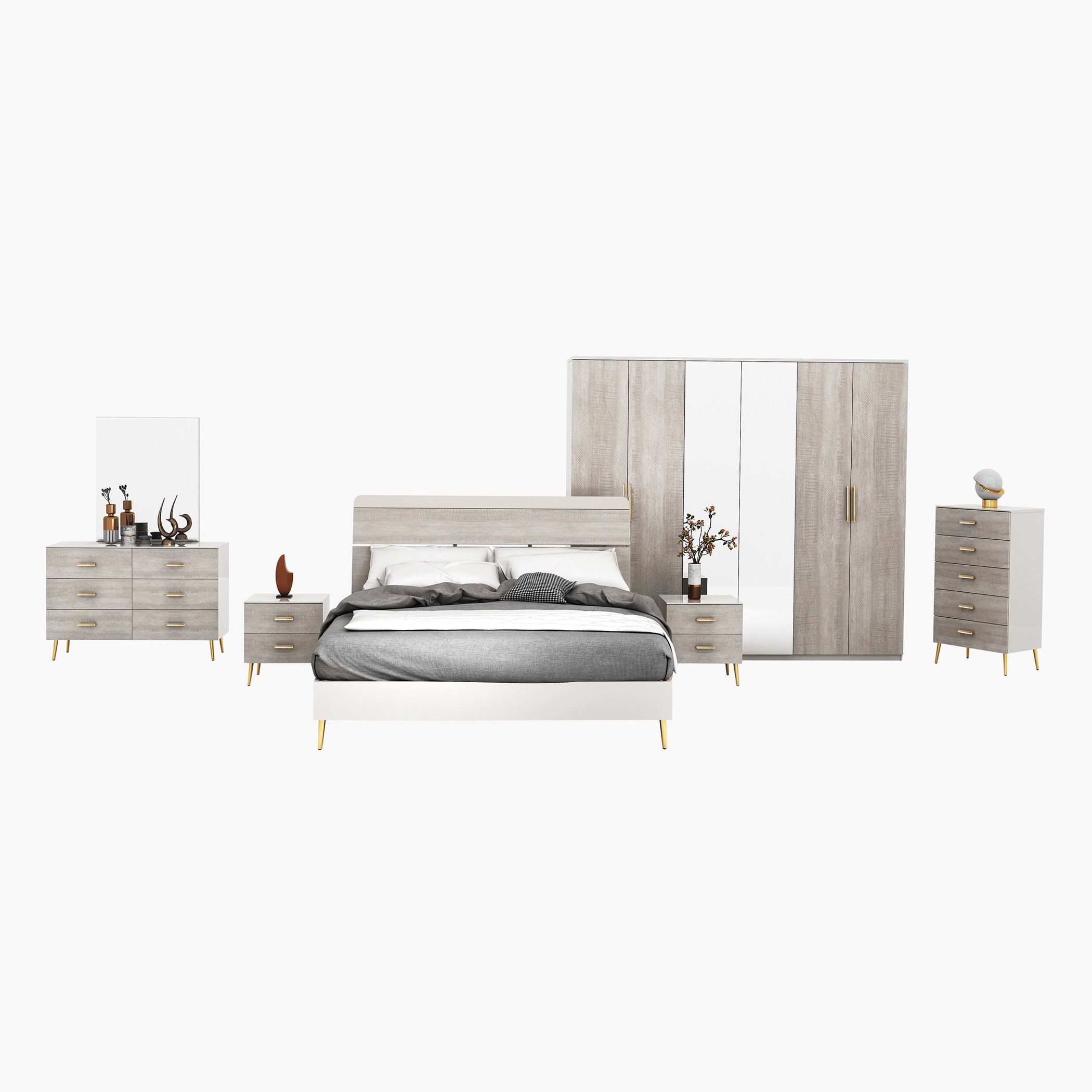 طقم غرفة نوم كينج فائقة اللمعان 5 قطع من إيلا - 180x200 سم-hbxbedroom-bedsandbedsets-bedroomsets-king-image-12