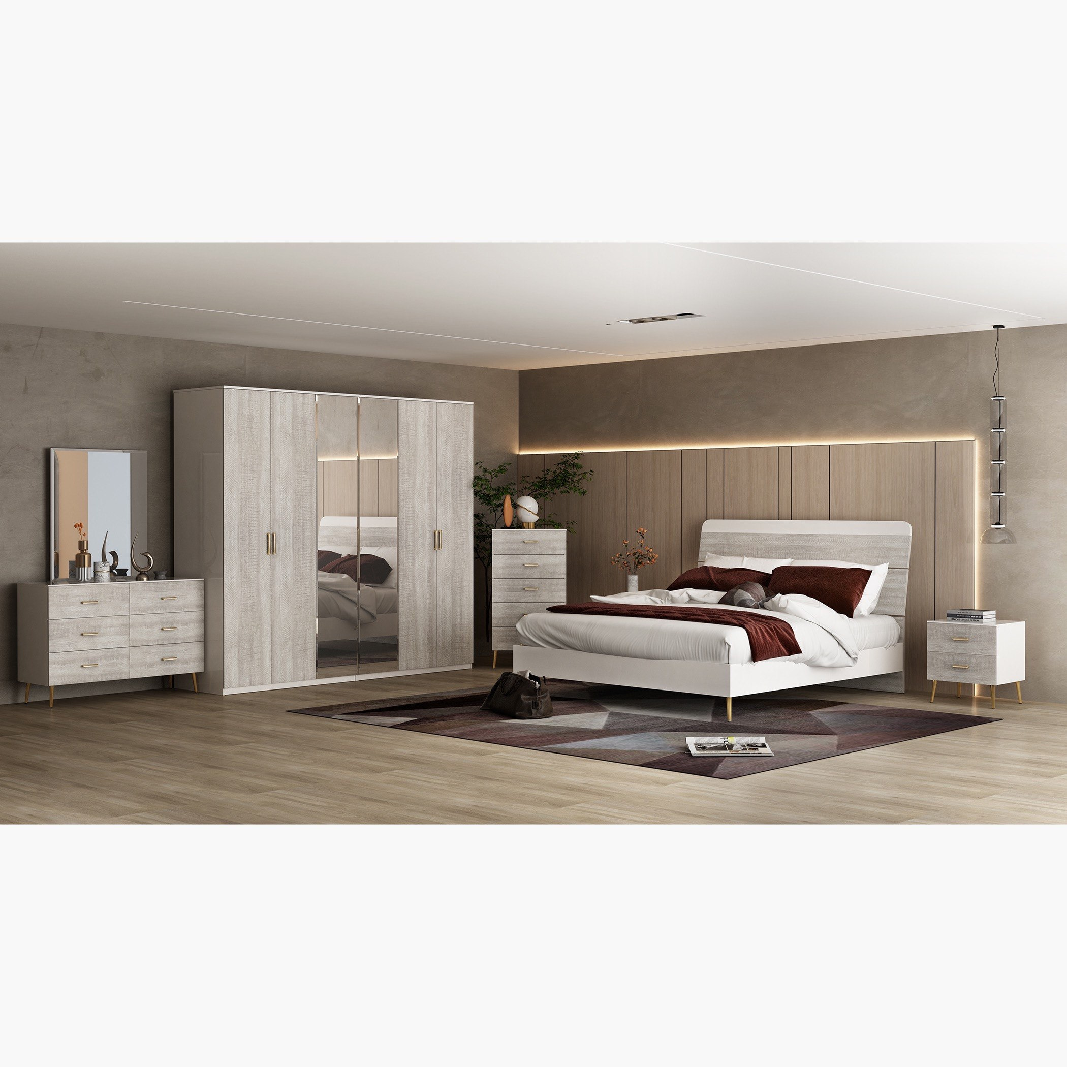 طقم غرفة نوم كينج فائقة اللمعان 5 قطع من إيلا - 180x200 سم-hbxbedroom-bedsandbedsets-bedroomsets-king-image-13