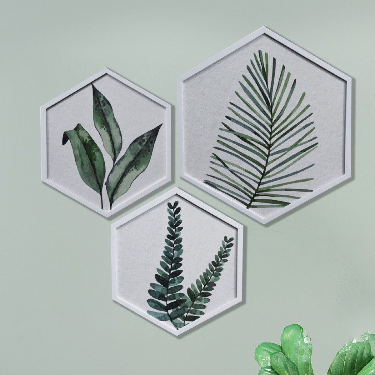 Felice 3-Piece Hexagonal Leaves Design Printed Canvas Framed Picture Set-PROMO_HB_AE_B1G1_250925-image-1