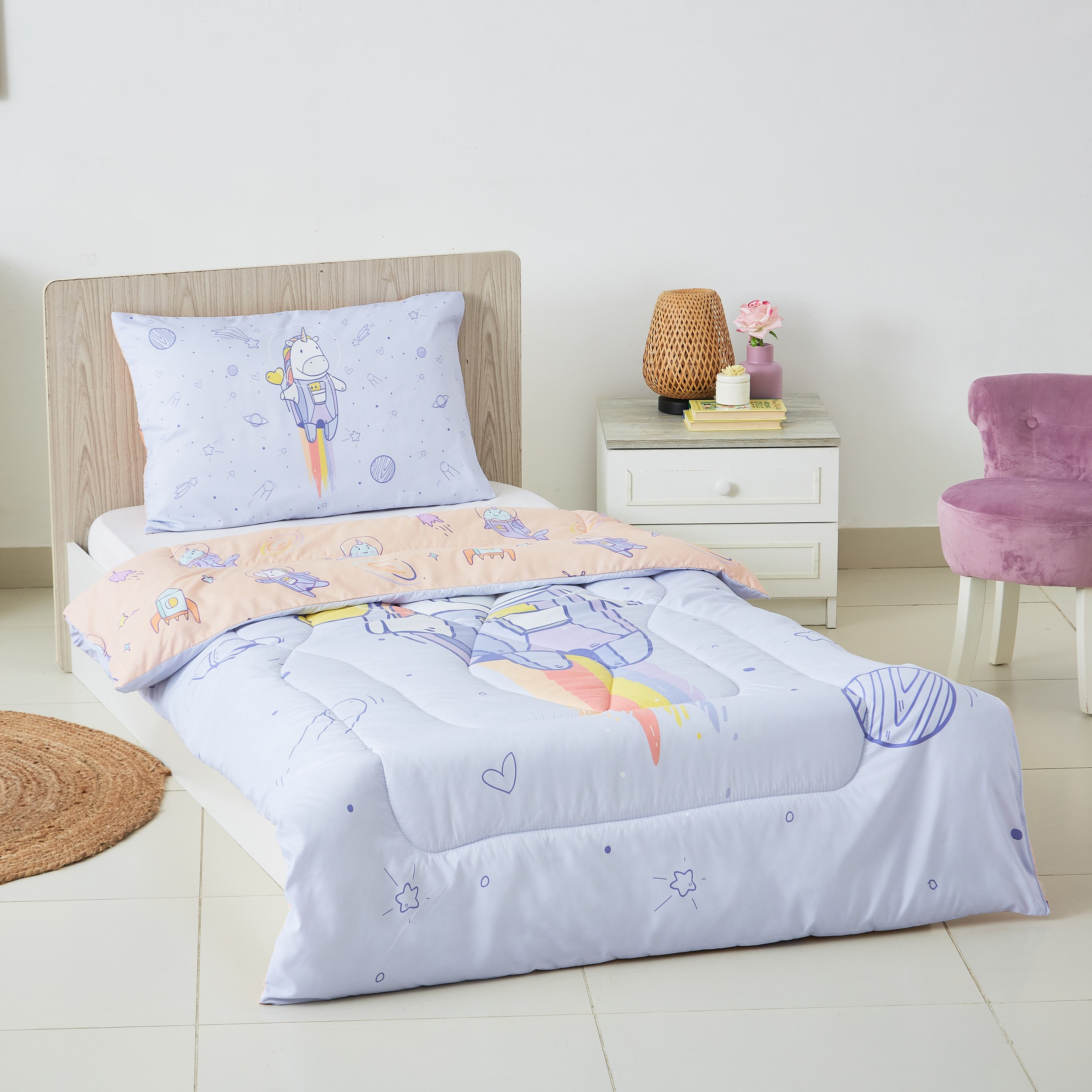 طقم لحاف فردي قطعتين بطبعات يونيكورن الفضاء ديجيتال من موديش- 130x220 سم-hbxhomeware-hbxkidsandyouth-image-1