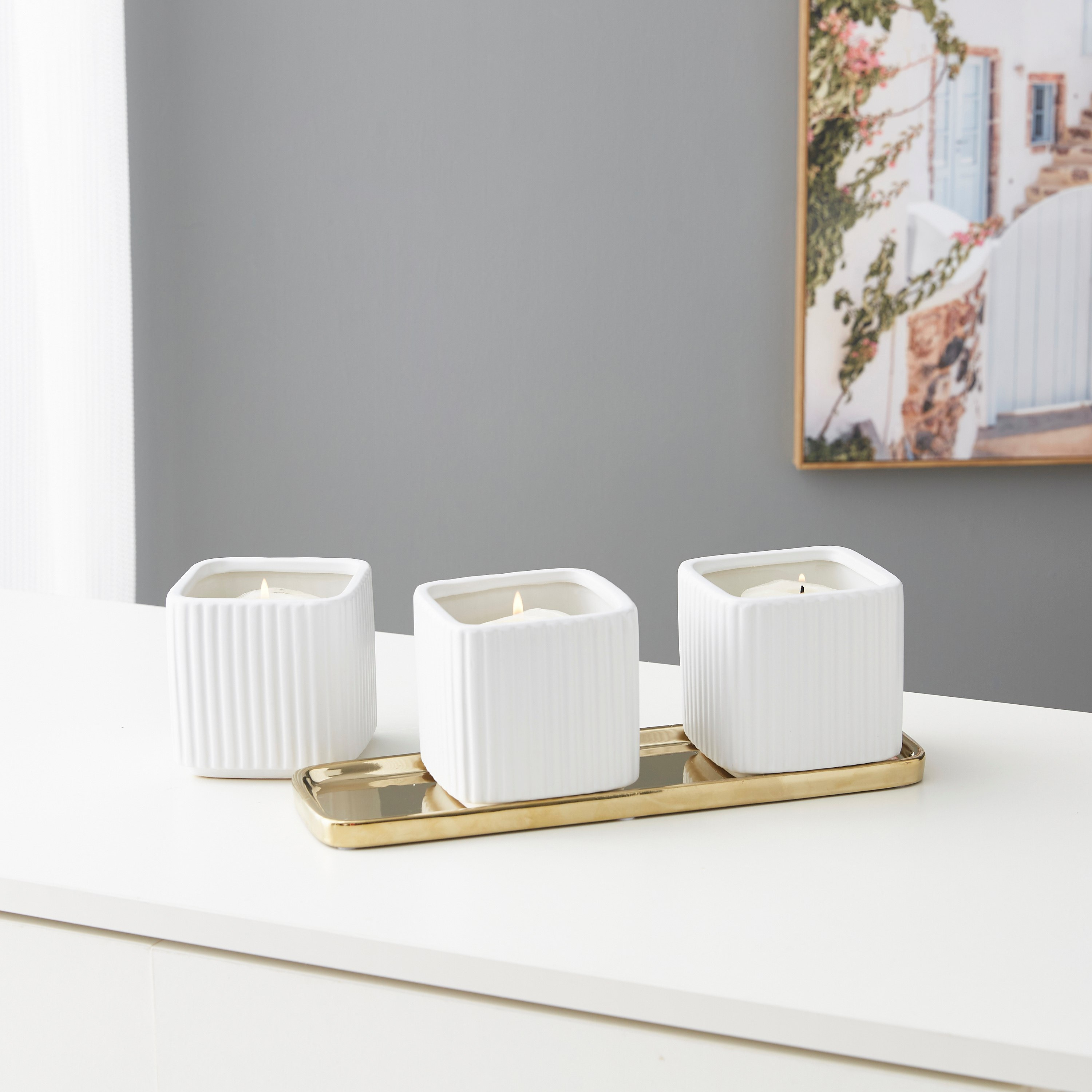 طقم حامل شموع فوتيف سيراميك مضلع 3 قطع مع صينية من سانسا - 32x10.5x11 سم-hbxlivingroom-decorandaccessories-candleholders-image-2