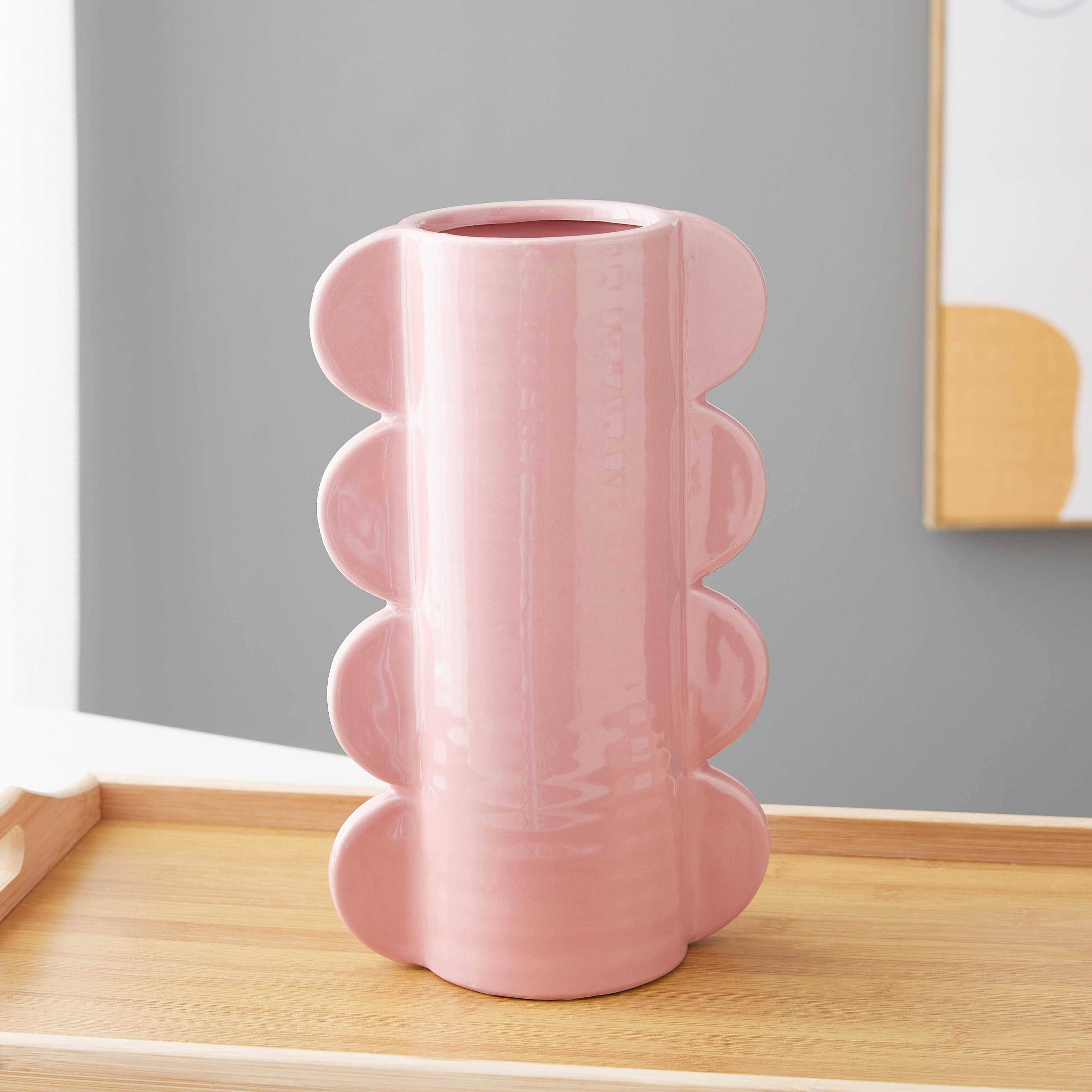مزهرية أسطوانية سيراميك كروية بارزة الملمس من سانسا - 17x10x28 سم-hbxbedroom-decorandaccessories-vases-image-1
