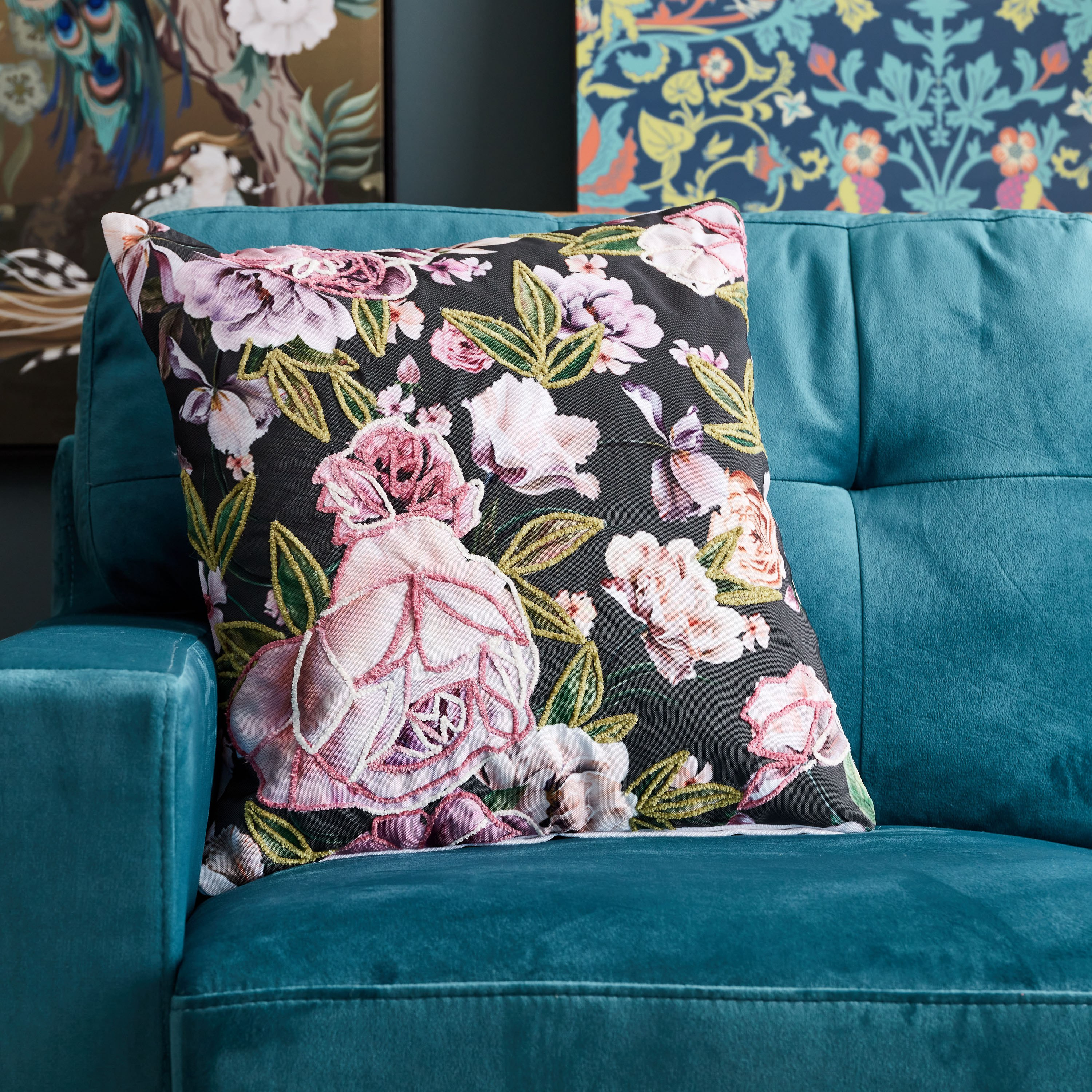 Midnight Bloom Floral Digital Print Embroidered Filled Cushion - 45x45 cm-hbxlivingroom-furnishings-cushionsandcovers-filledcushions-image-1