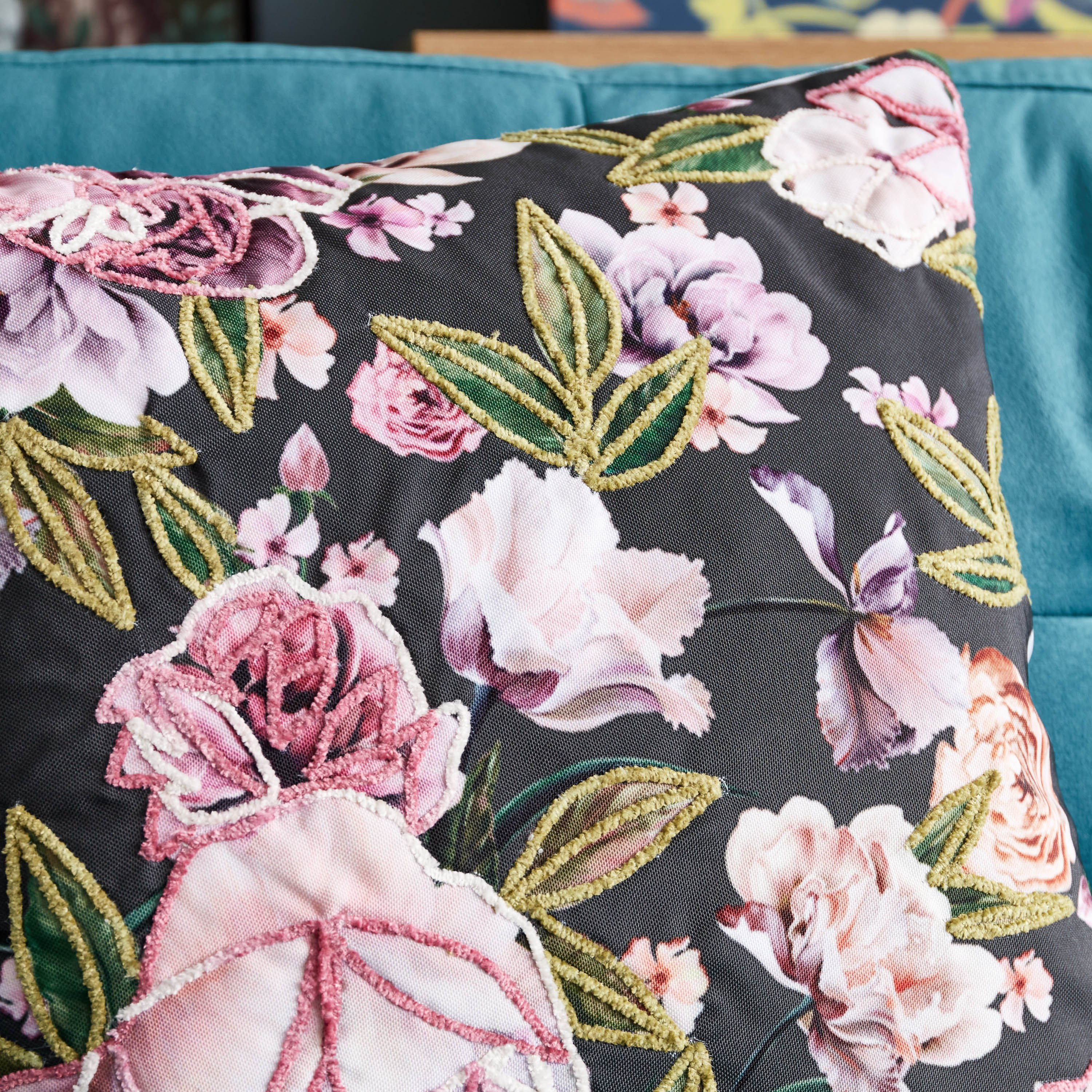 Midnight Bloom Floral Digital Print Embroidered Filled Cushion - 45x45 cm-hbxlivingroom-furnishings-cushionsandcovers-filledcushions-image-2