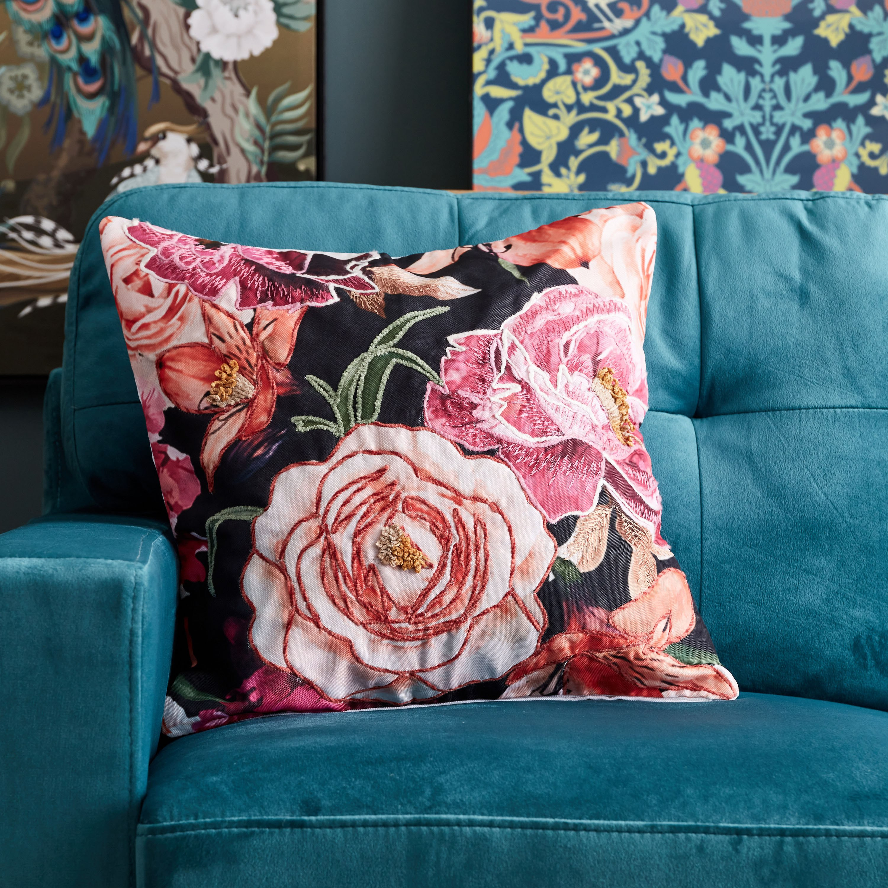 Midnight Bloom Floral Digital Print Embroidered Filled Cushion - 45x45 cm-hbxlivingroom-furnishings-cushionsandcovers-filledcushions-image-1