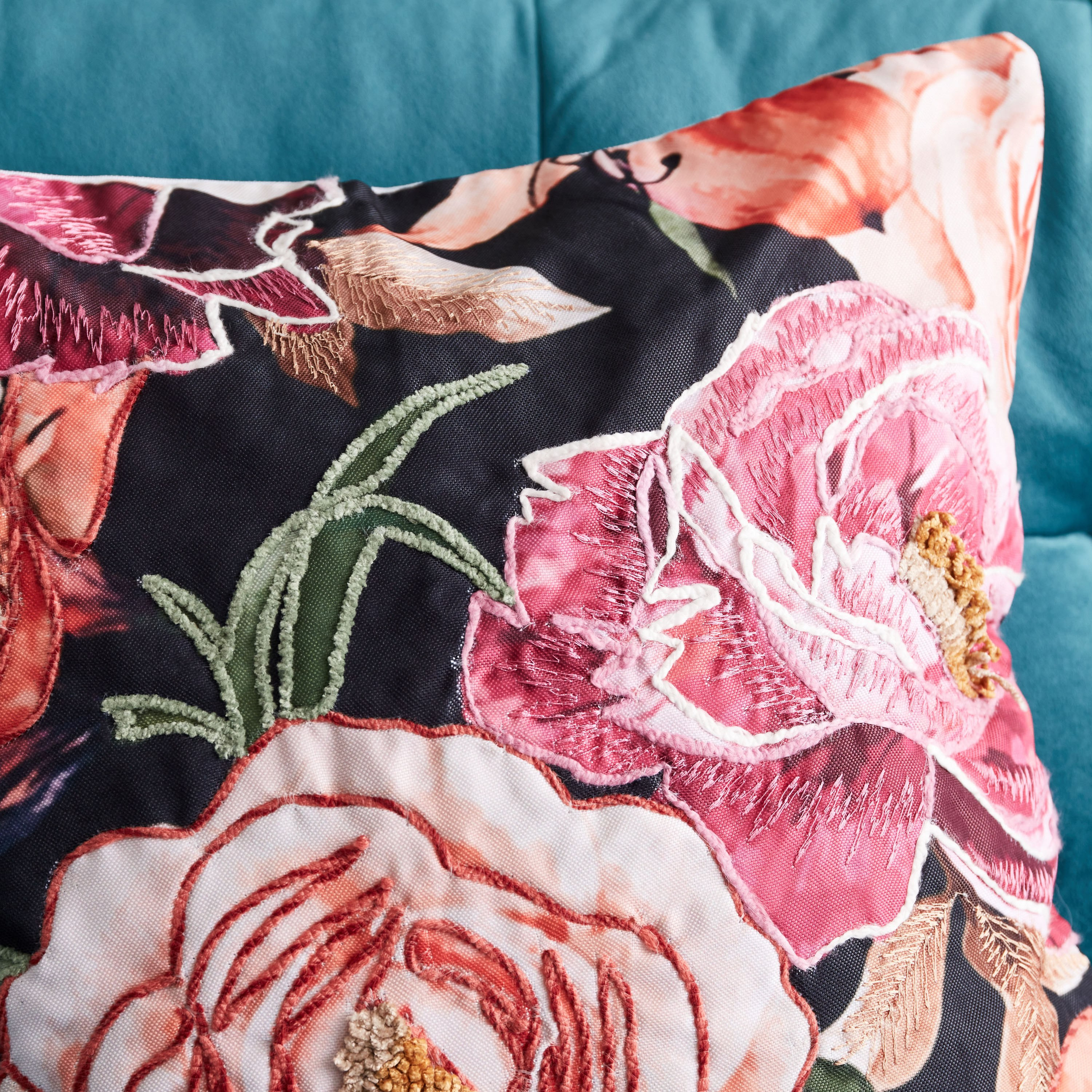 Midnight Bloom Floral Digital Print Embroidered Filled Cushion - 45x45 cm-hbxlivingroom-furnishings-cushionsandcovers-filledcushions-image-2