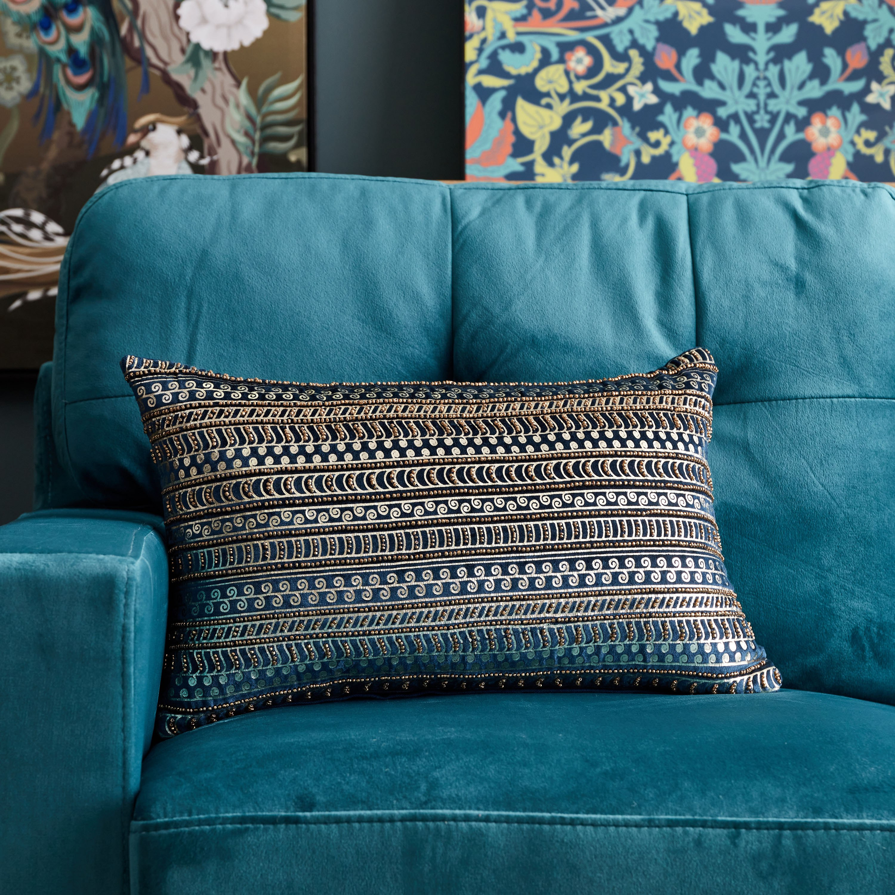 Peacock Adele Embellished Filled Cushion - 30x50 cm-hbxlivingroom-furnishings-cushionsandcovers-filledcushions-image-1