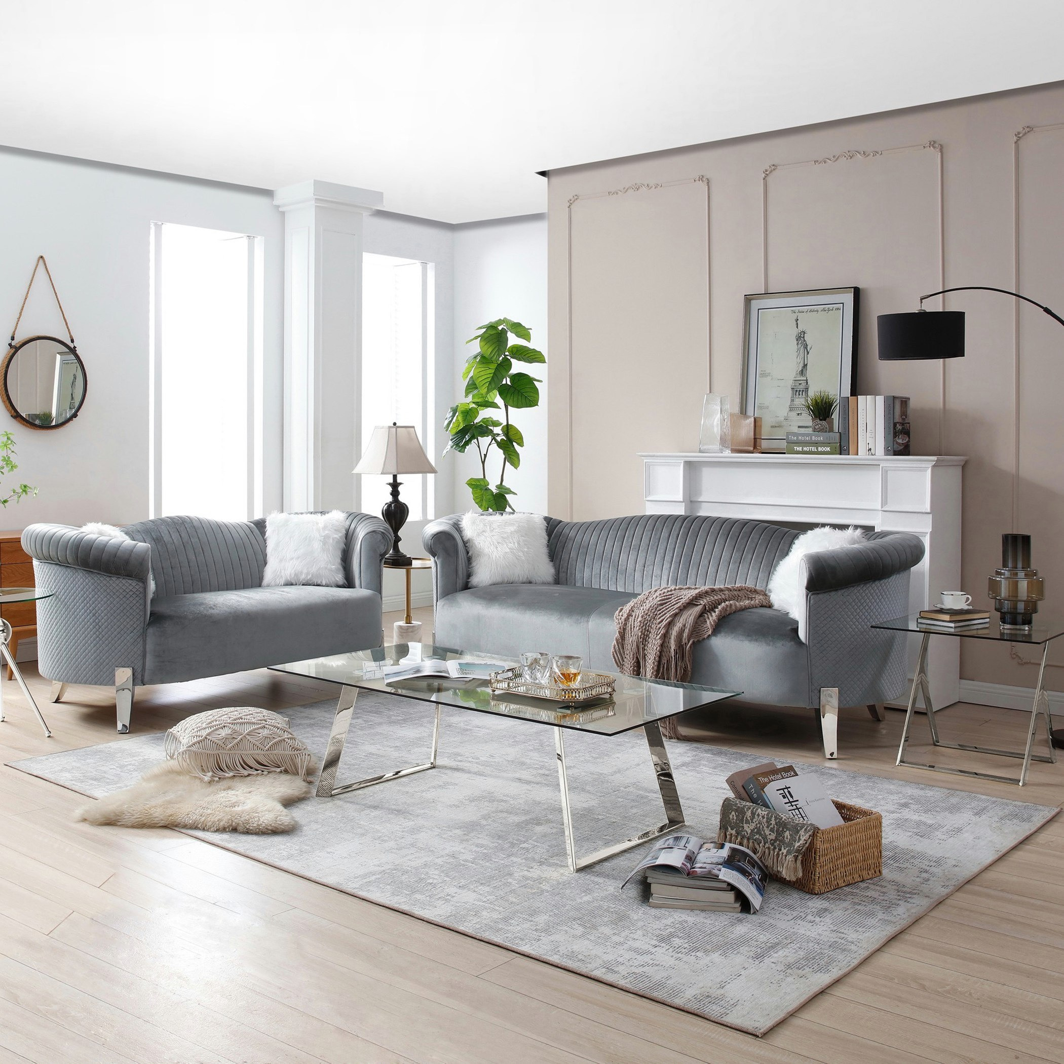 طقم كنب مخملي 3+2 مقاعد مع 4 وسادة من كيمونا-hbxlivingroom-sofasandarmchairs-sofas-image-1