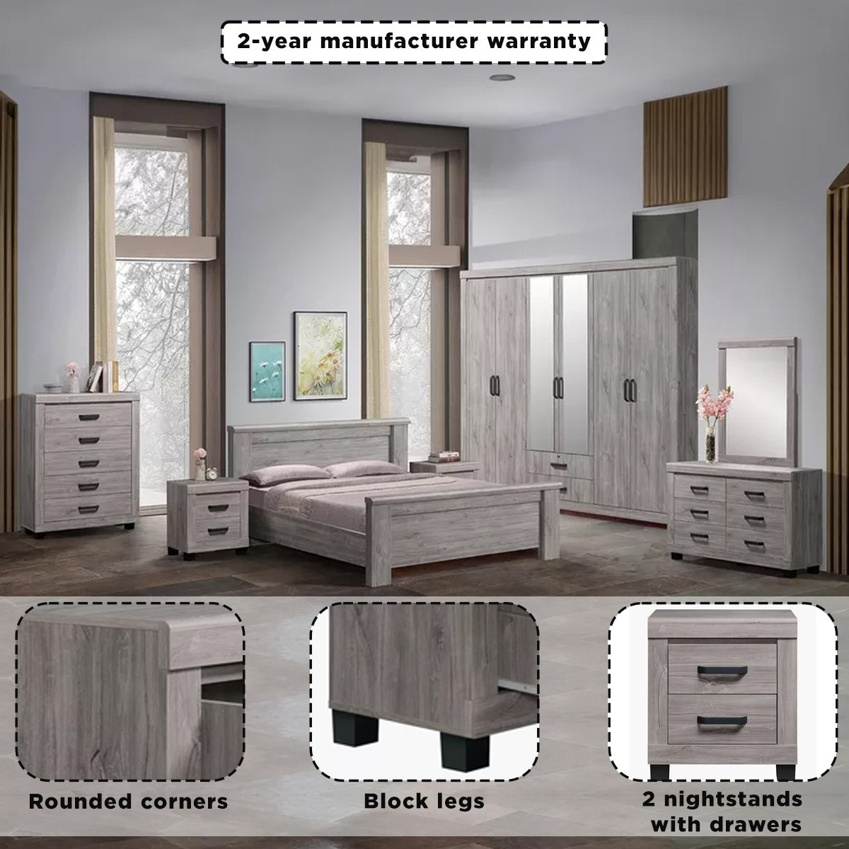 طقم غرفة نوم كينج 5 قطع من دايتونا - 180x200 سم-hbxbedroom-bedsandbedsets-bedroomsets-king-image-14