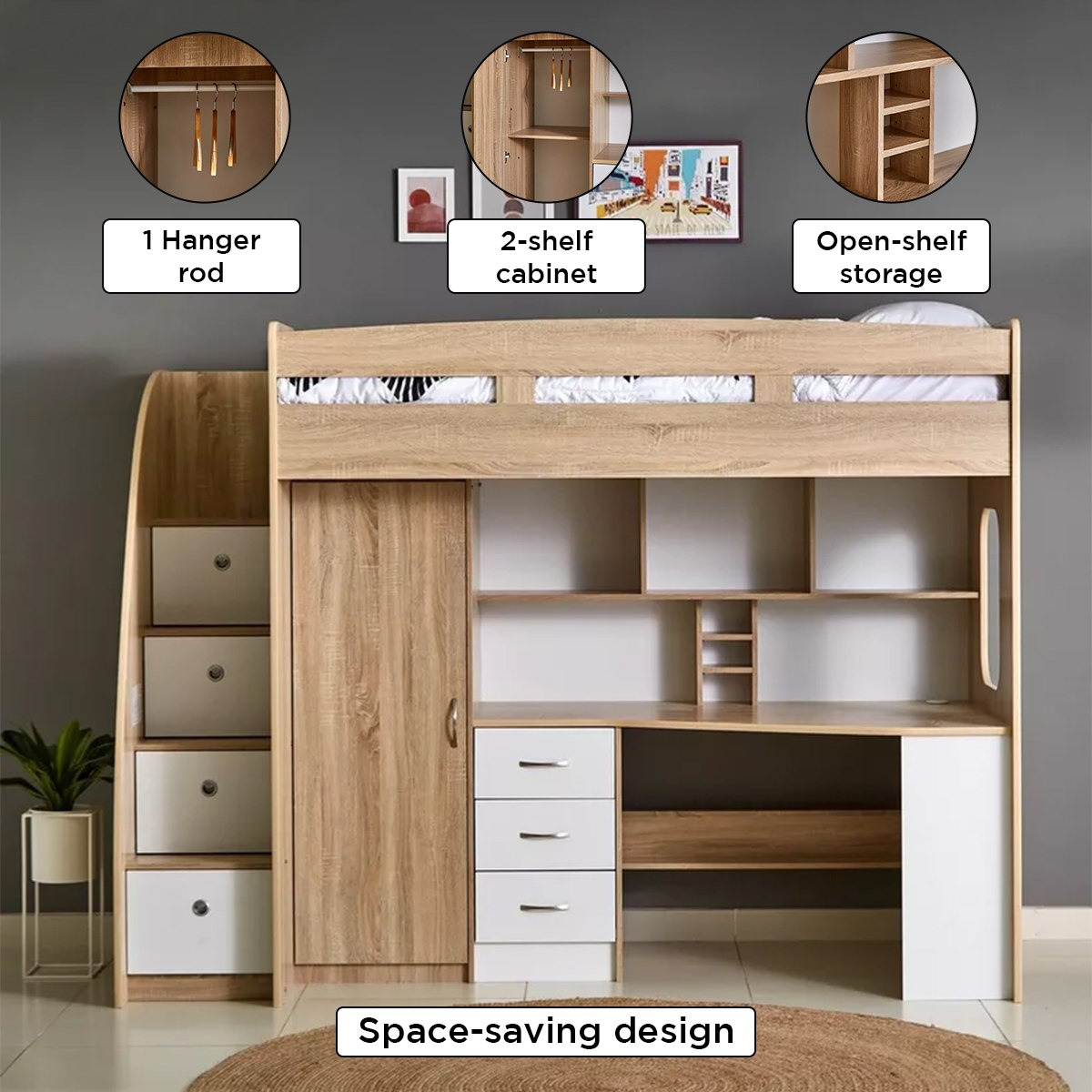 Movo Cooper Xmore Single Loft Bed with Storage - 90x190 cm-hbxkidsandyouth-bedsandbedsets-bunkbeds-single-image-5