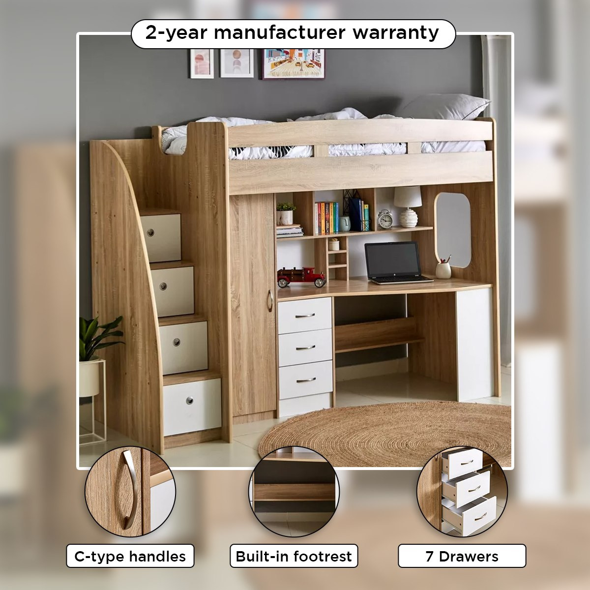 Movo Cooper Xmore Single Loft Bed with Storage - 90x190 cm-hbxkidsandyouth-bedsandbedsets-bunkbeds-single-image-6