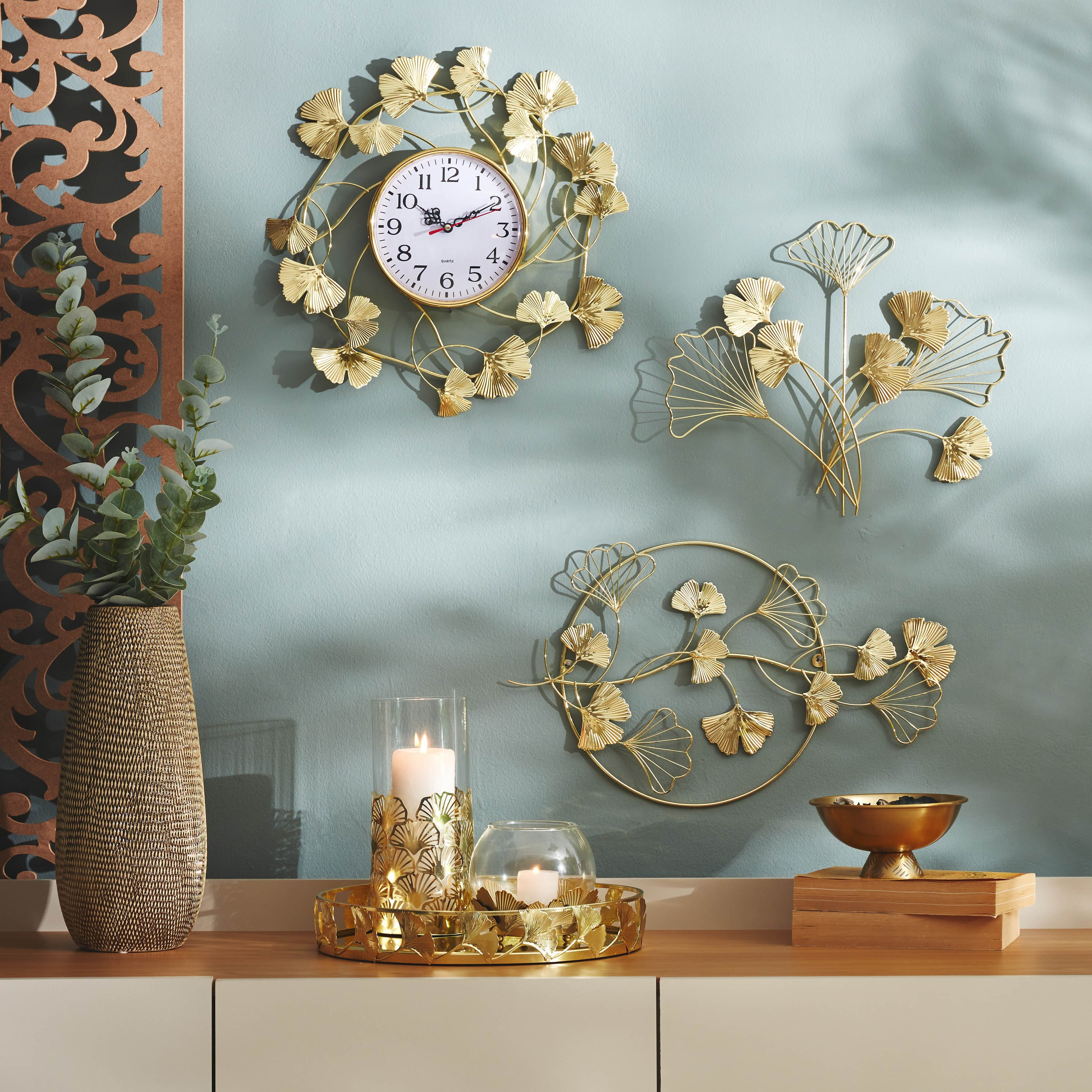 زينة حائط معدنية بتصميم أوراق جينكو في دائرة من نورا - 48x2x28 سم-hbxdiningroom-walldecor-wallart-image-5