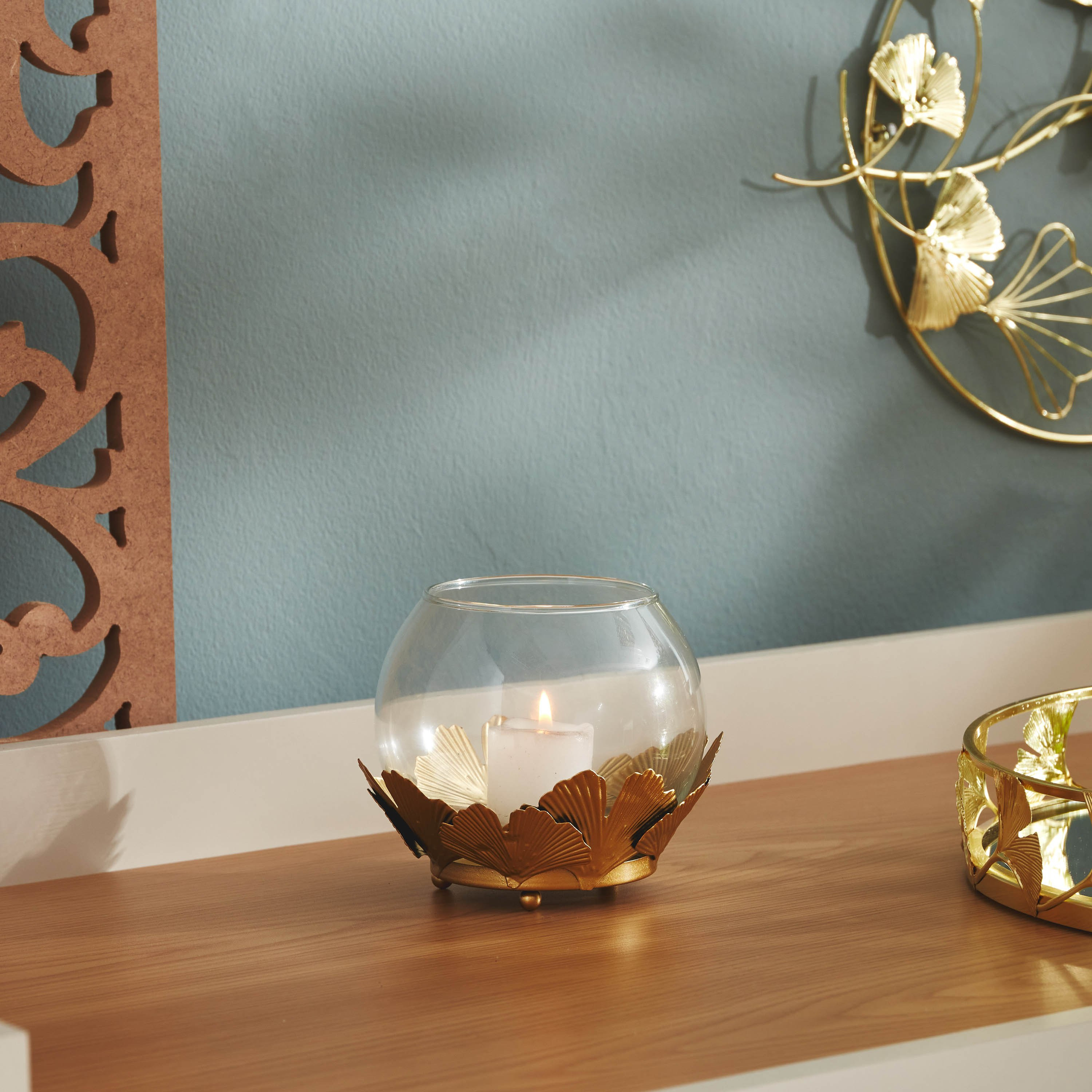 حامل شموع مستدير بتصميم أوراق جينكو من نورا - 13x11 سم-hbxlivingroom-decorandaccessories-candleholders-image-1